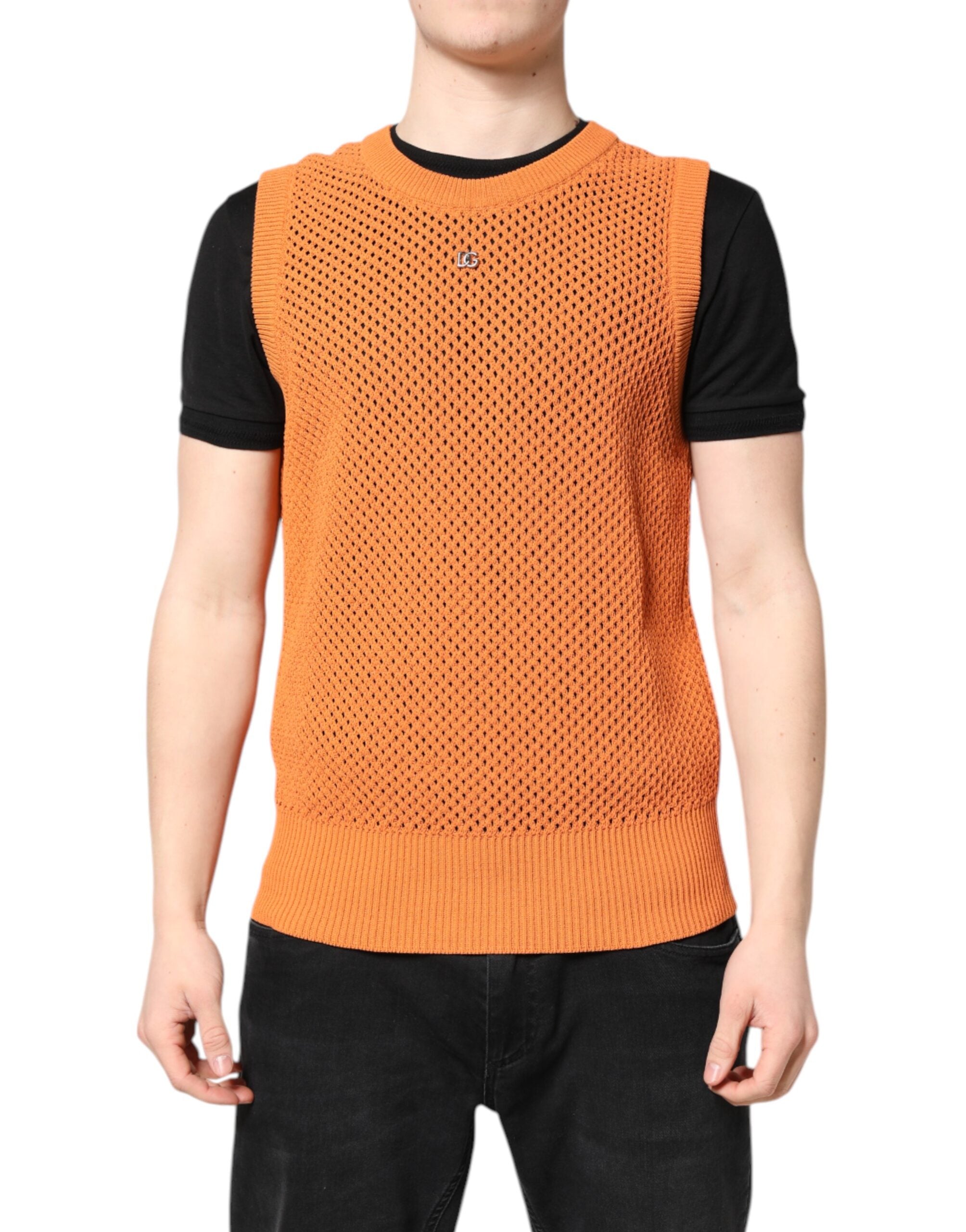 Dolce & Gabbana Orangefarbenes ärmelloses Kaschmir-T-Shirt mit Rundhalsausschnitt