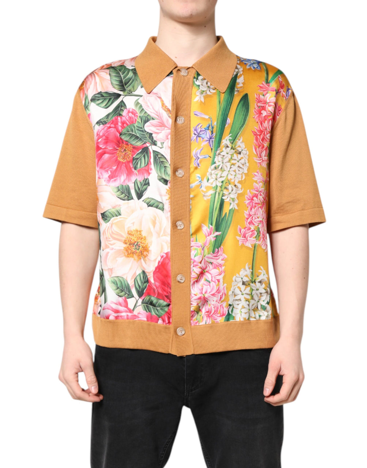 Dolce & Gabbana Braunes T-Shirt mit Blumenmuster und kurzen Ärmeln