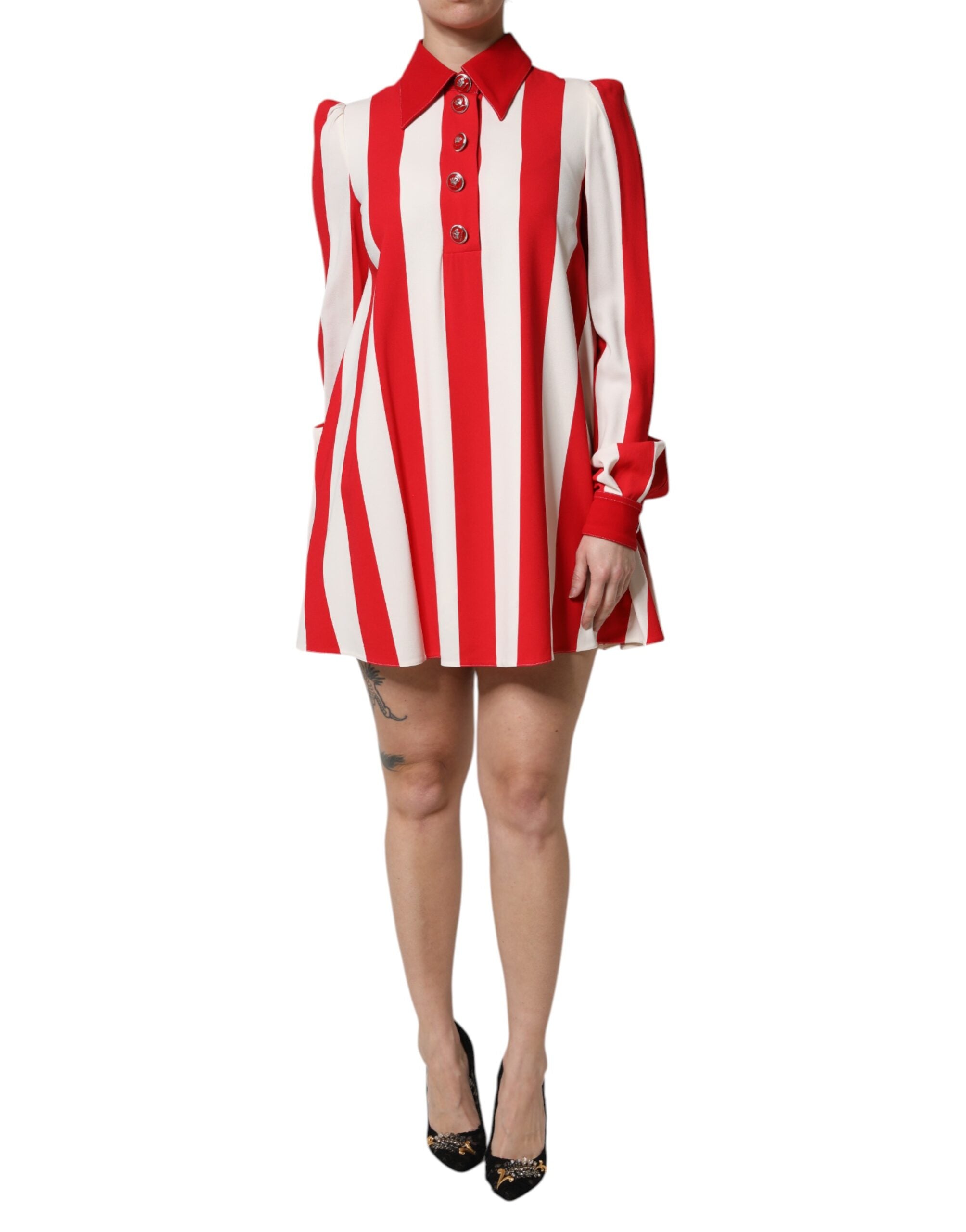 Dolce & Gabbana Weiß-rot gestreiftes langärmeliges Minikleid
