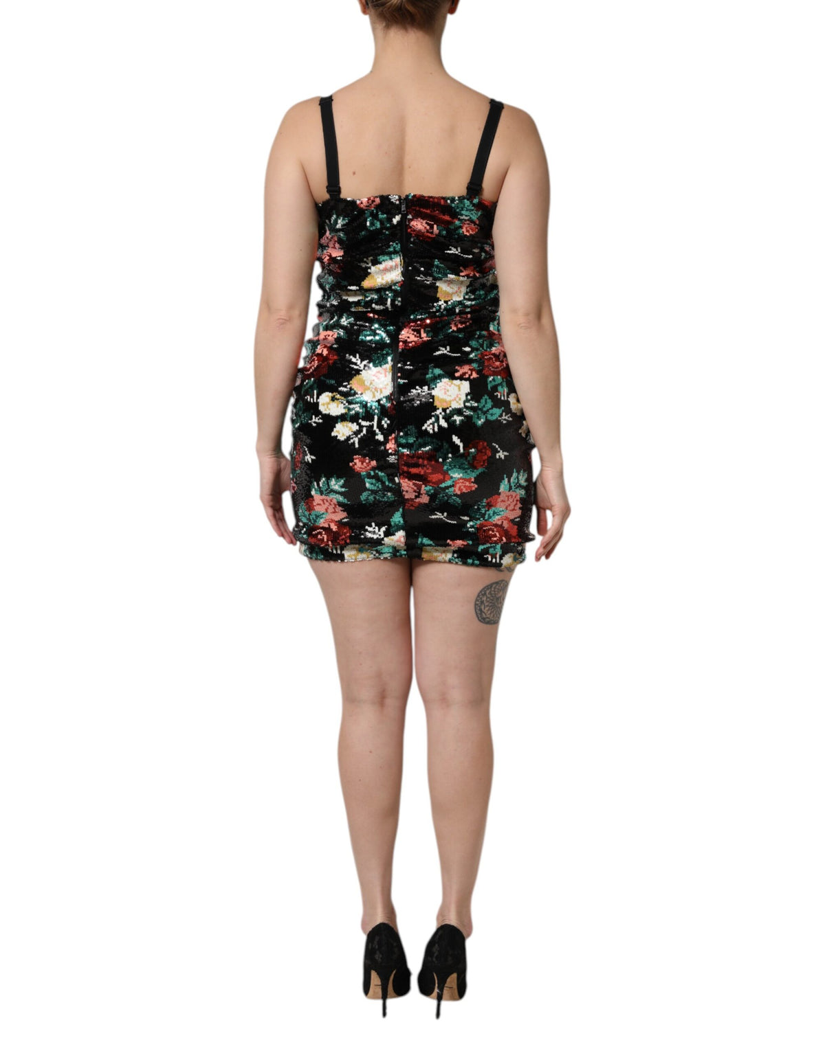 Dolce & Gabbana Schwarzes, geblümtes, ärmelloses Etuikleid mit Pailletten