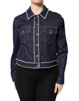 Dolce & Gabbana Blaue Denim-Baumwolljacke mit Kristallverzierung