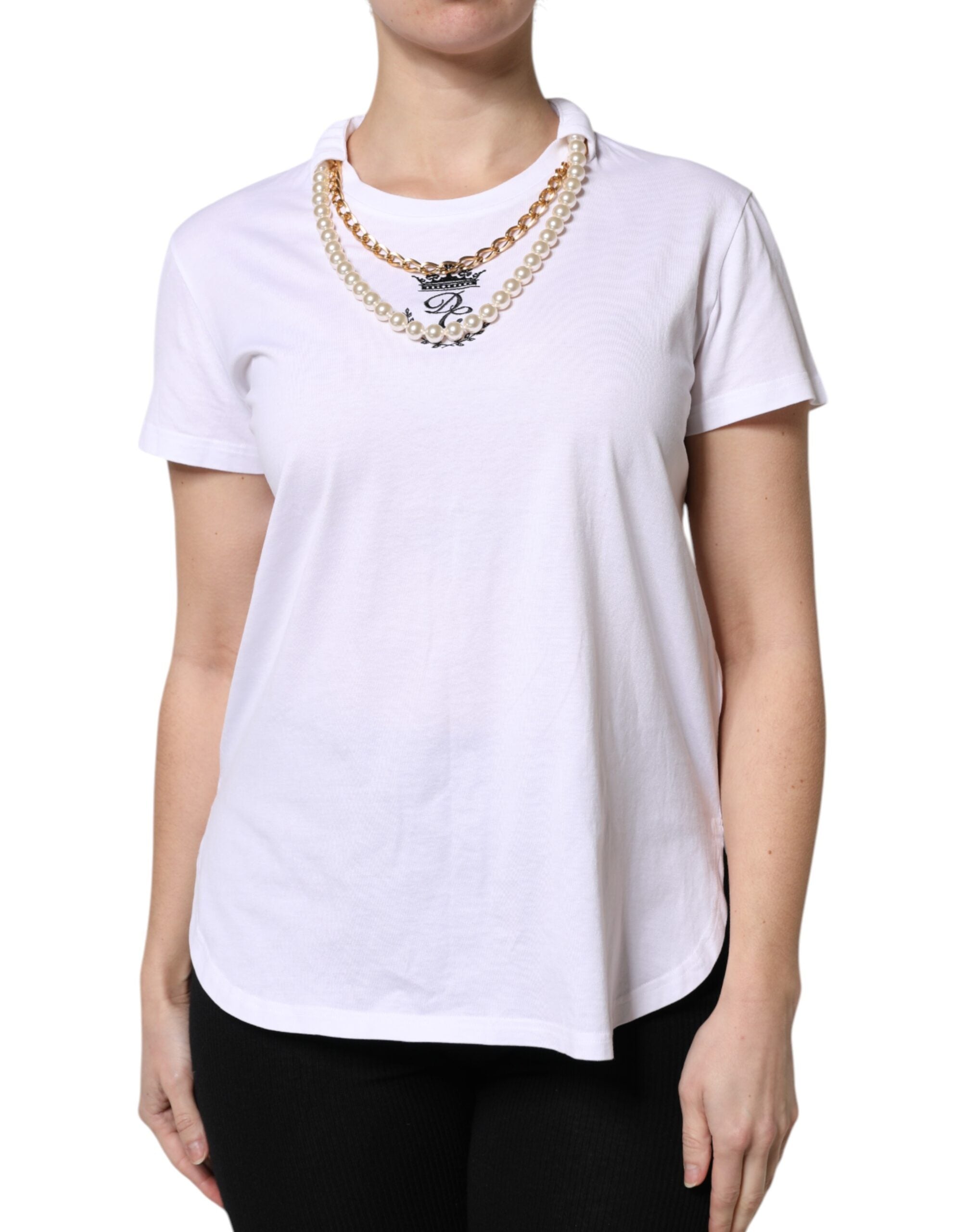 Dolce & Gabbana Weißes Ketten-Perlen-Baumwoll-T-Shirt mit Rundhalsausschnitt
