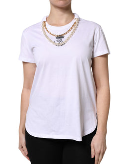 Dolce & Gabbana Weißes Ketten-Perlen-Baumwoll-T-Shirt mit Rundhalsausschnitt