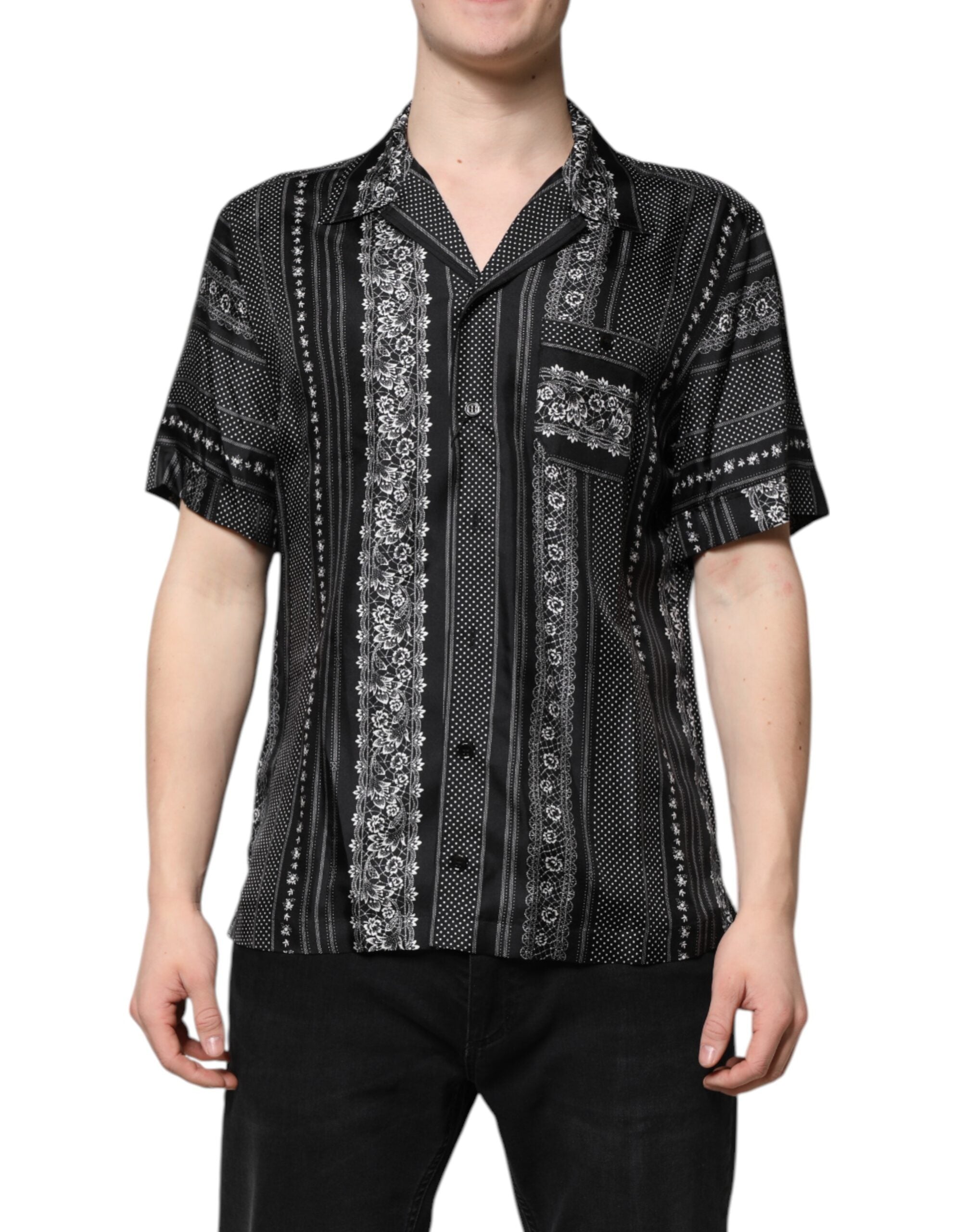 Dolce & Gabbana Schwarzes Seidenhemd mit Blumendruck und kurzen Ärmeln
