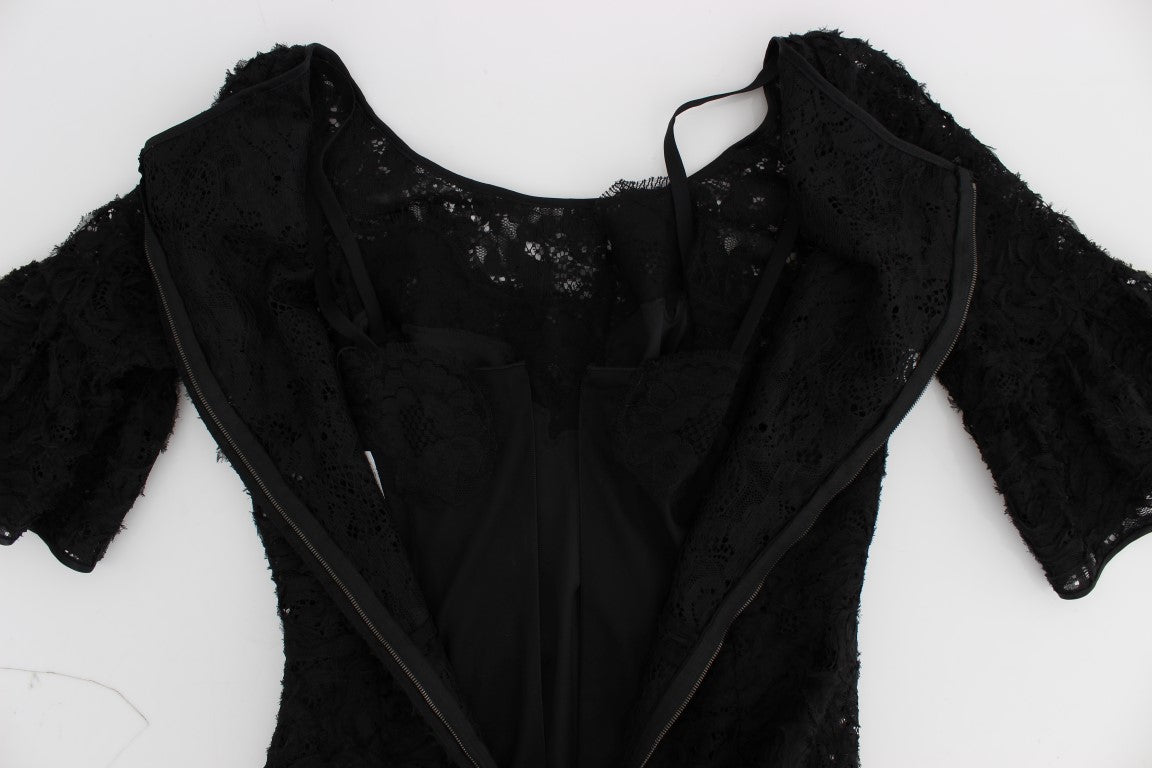 Dolce & Gabbana Schwarzes geblümtes langes Bodycon-Maxi-Kleid aus Spitze