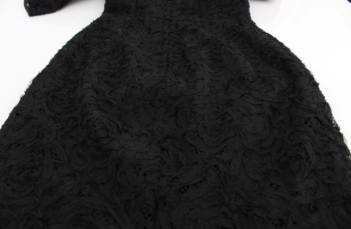 Dolce & Gabbana Schwarzes geblümtes langes Bodycon-Maxi-Kleid aus Spitze