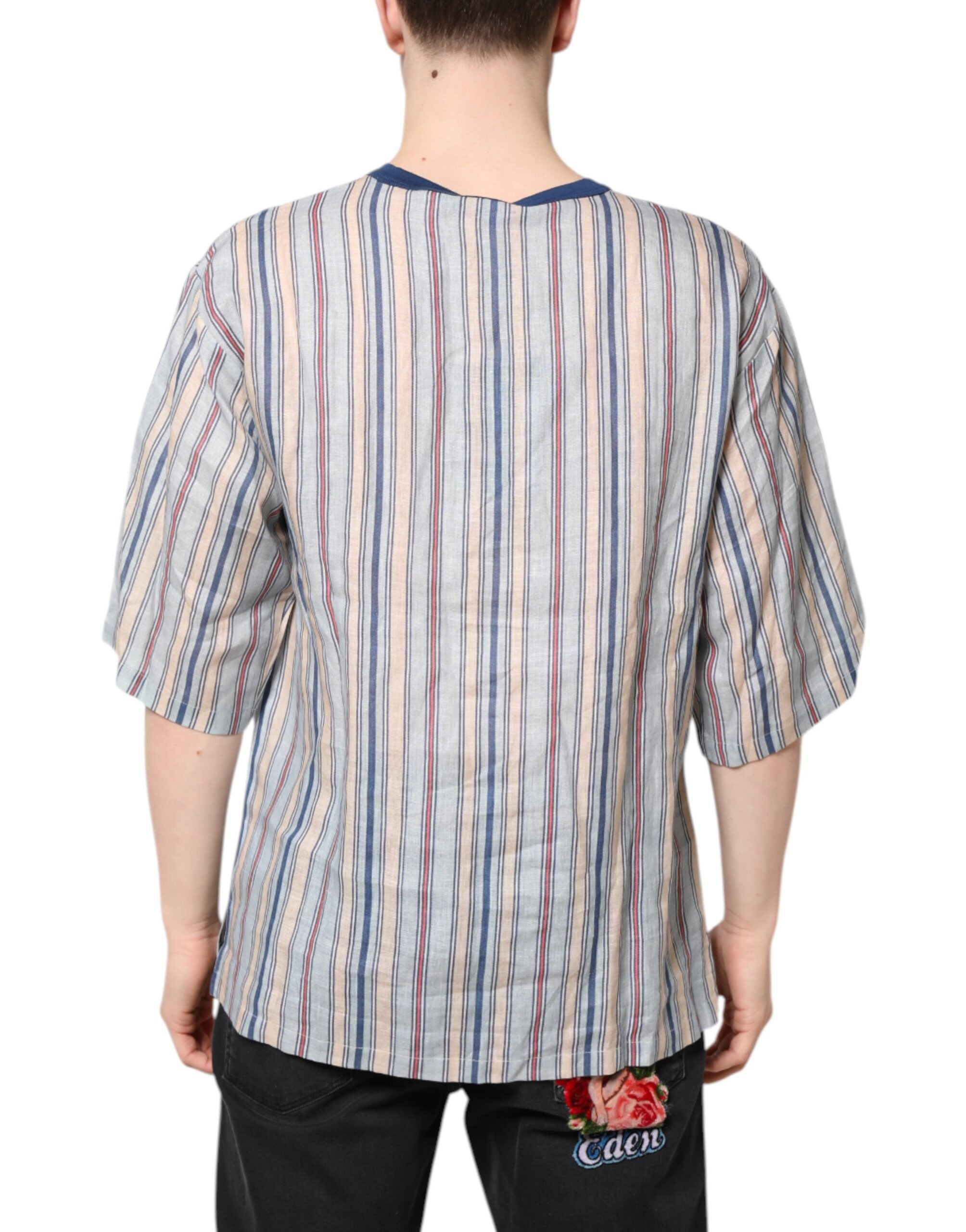 Dolce & Gabbana Mehrfarbig gestreiftes Pin Up Leinen-T-Shirt mit Rundhalsausschnitt