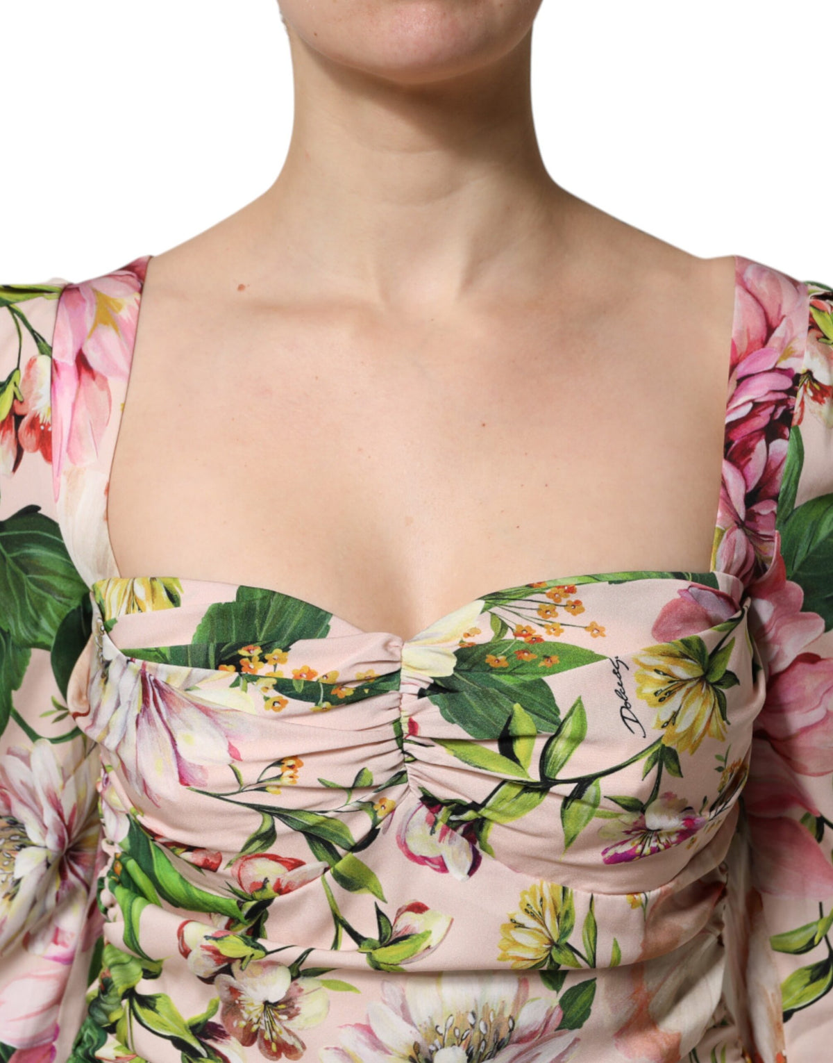 Dolce & Gabbana Rosa geblümtes Midikleid aus Seide mit ausgestelltem Rock