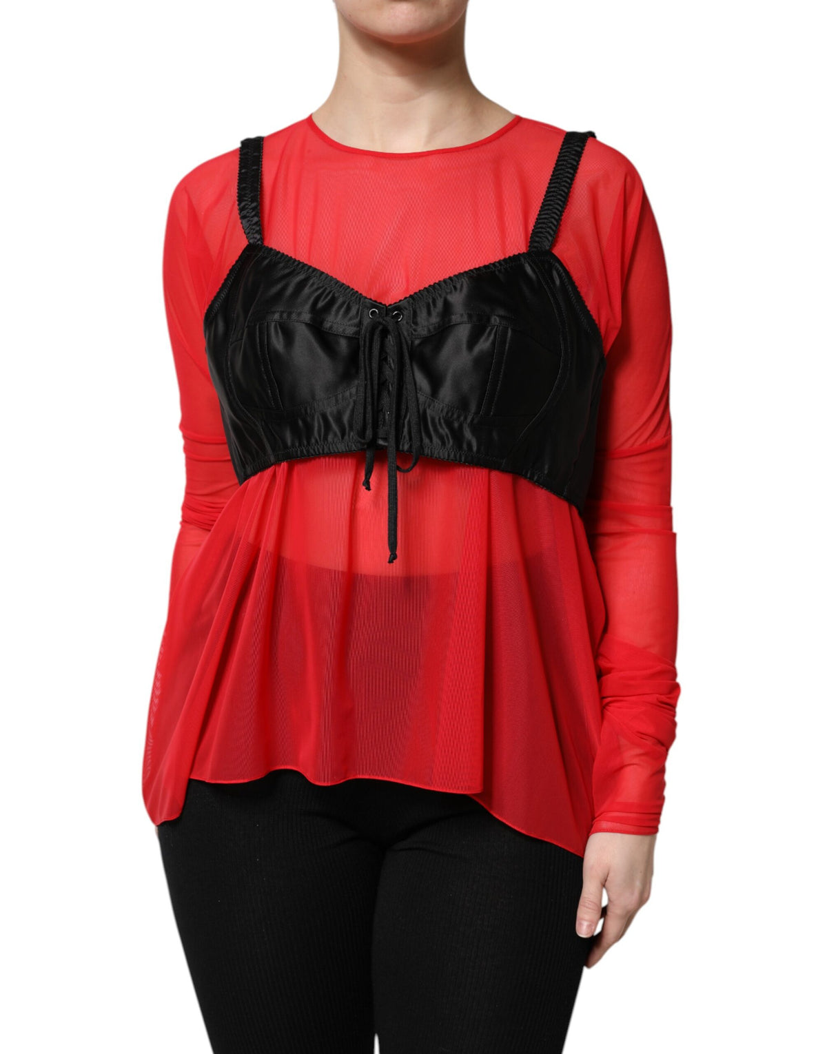 Dolce & Gabbana Rotes Schwarzes Bustier Detailing Langärmeliges Top