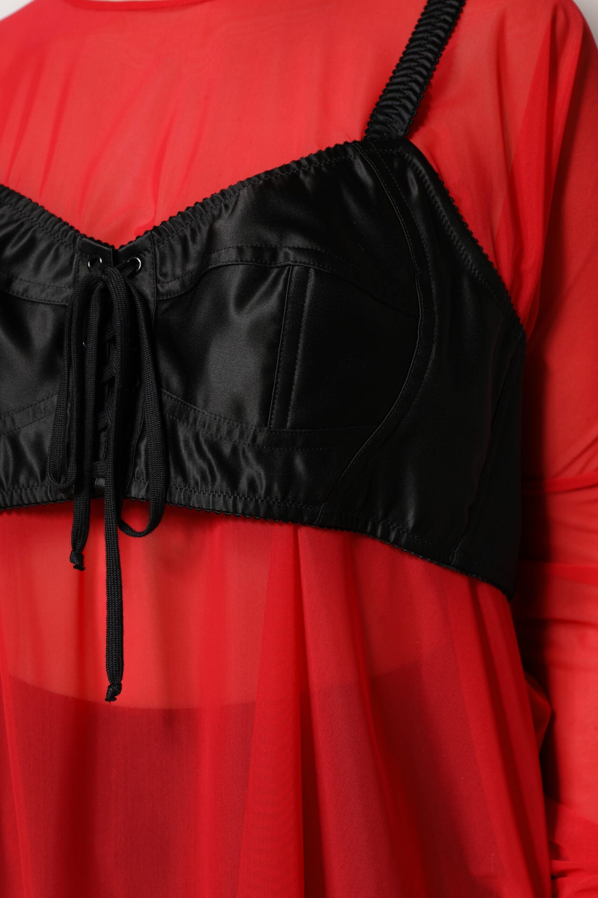 Dolce & Gabbana Rotes Schwarzes Bustier Detailing Langärmeliges Top