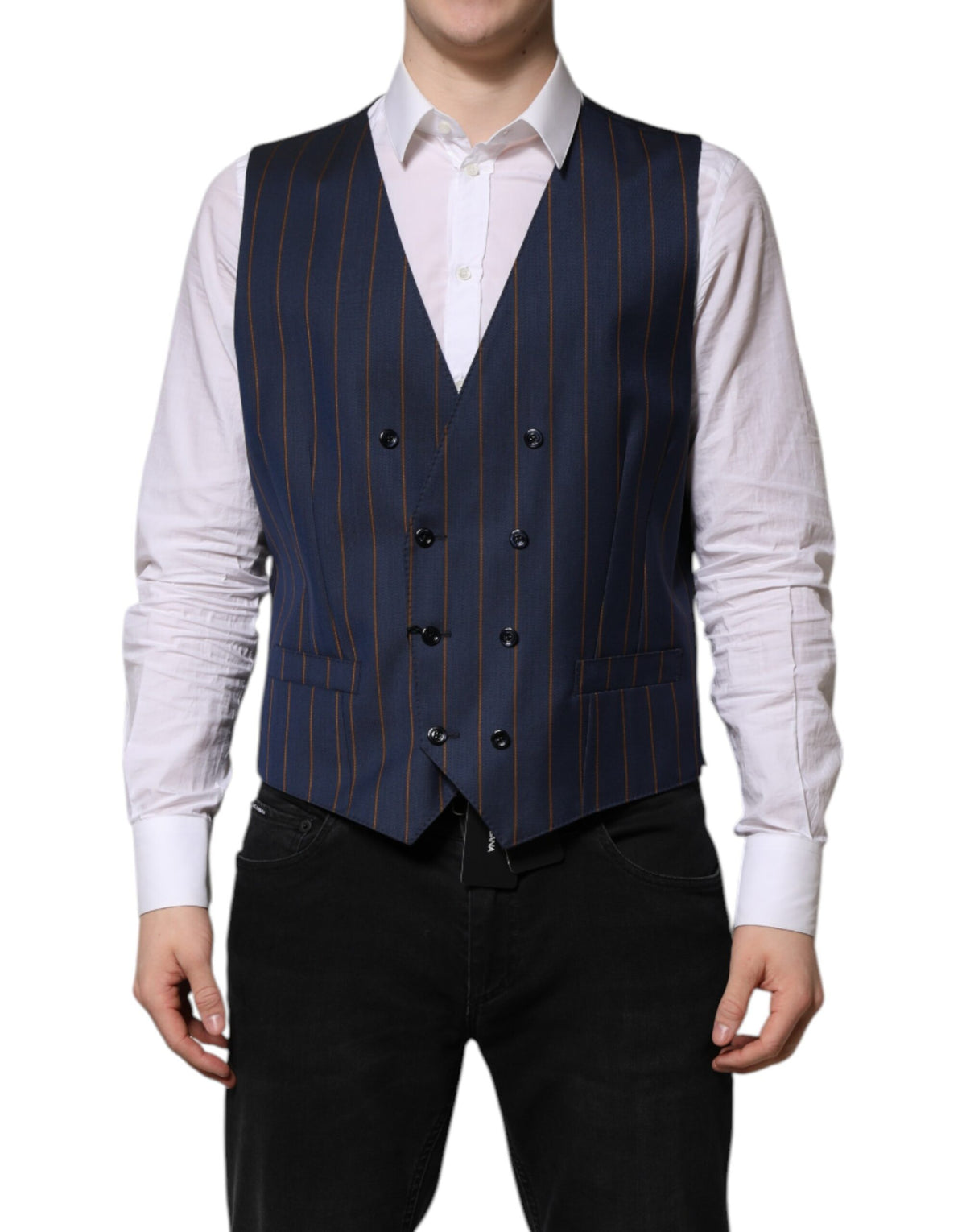 Dolce & Gabbana Blaue Streifen Wolle Formal Herren Weste Weste