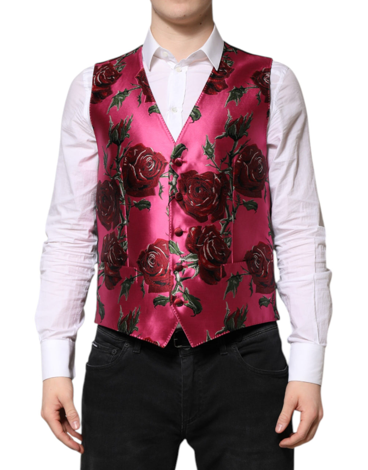 Dolce & Gabbana Rosa Floral Satin Formal Männer Weste Weste
