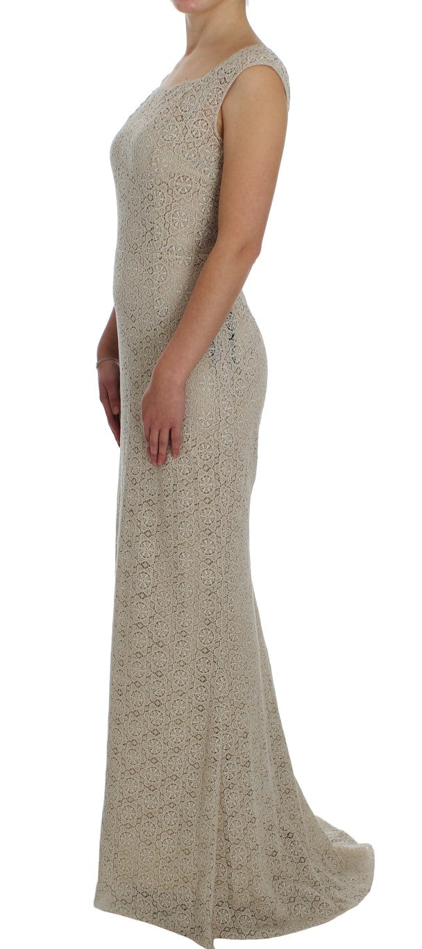 Dolce & Gabbana Beige Ricamo Baumwoll-Etuikleid mit Ausschnitt