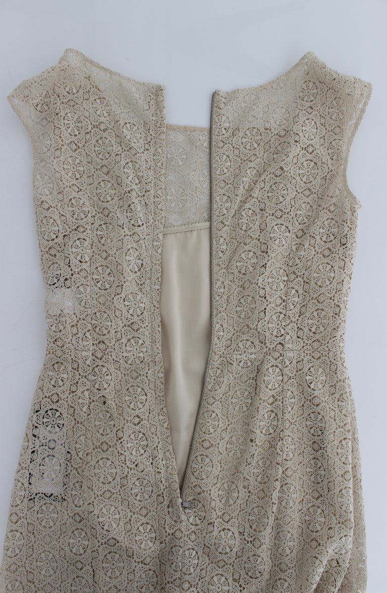 Dolce & Gabbana Beige Ricamo Baumwoll-Etuikleid mit Ausschnitt