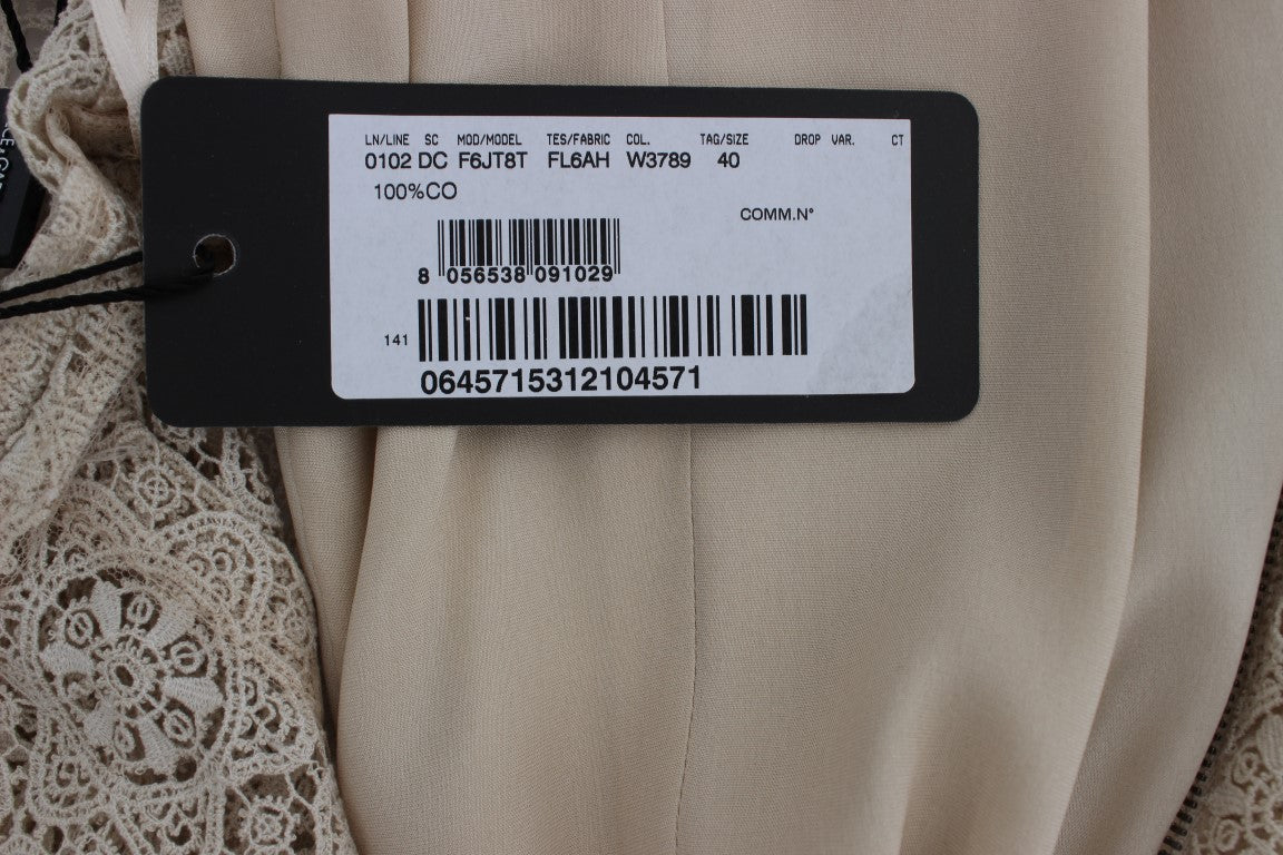 Dolce & Gabbana Beige Ricamo Baumwoll-Etuikleid mit Ausschnitt