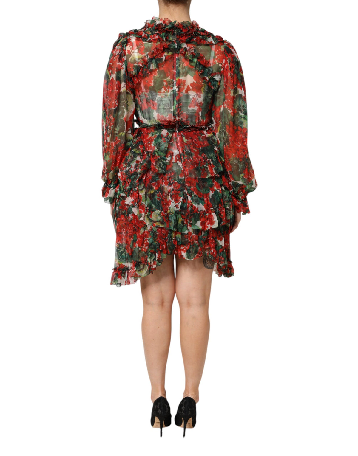 Dolce & Gabbana Multicolor gerafftes Kleid mit langen Ärmeln und Blumen