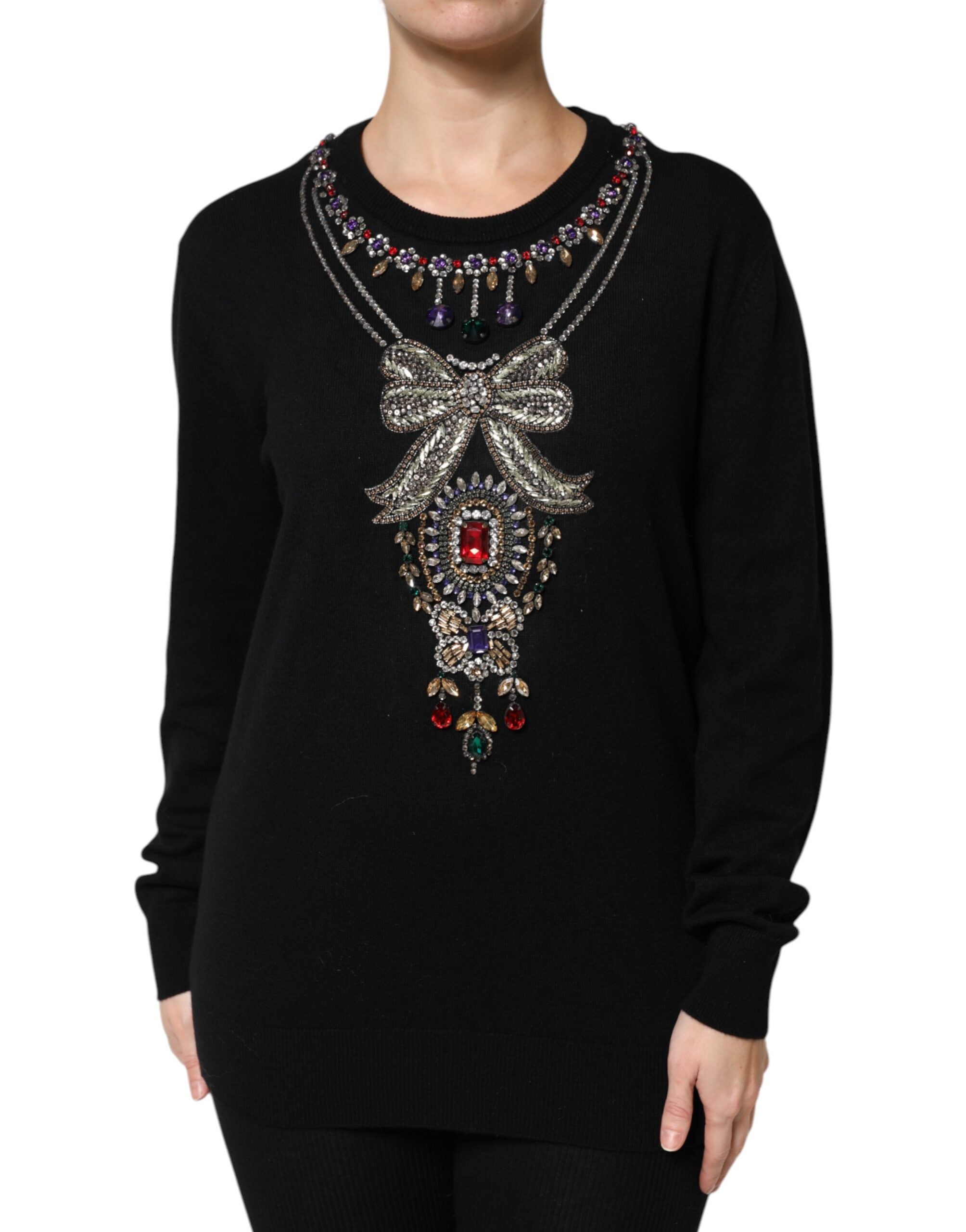 Dolce & Gabbana Schwarzer Pullover aus Kaschmir mit Kristallverzierung