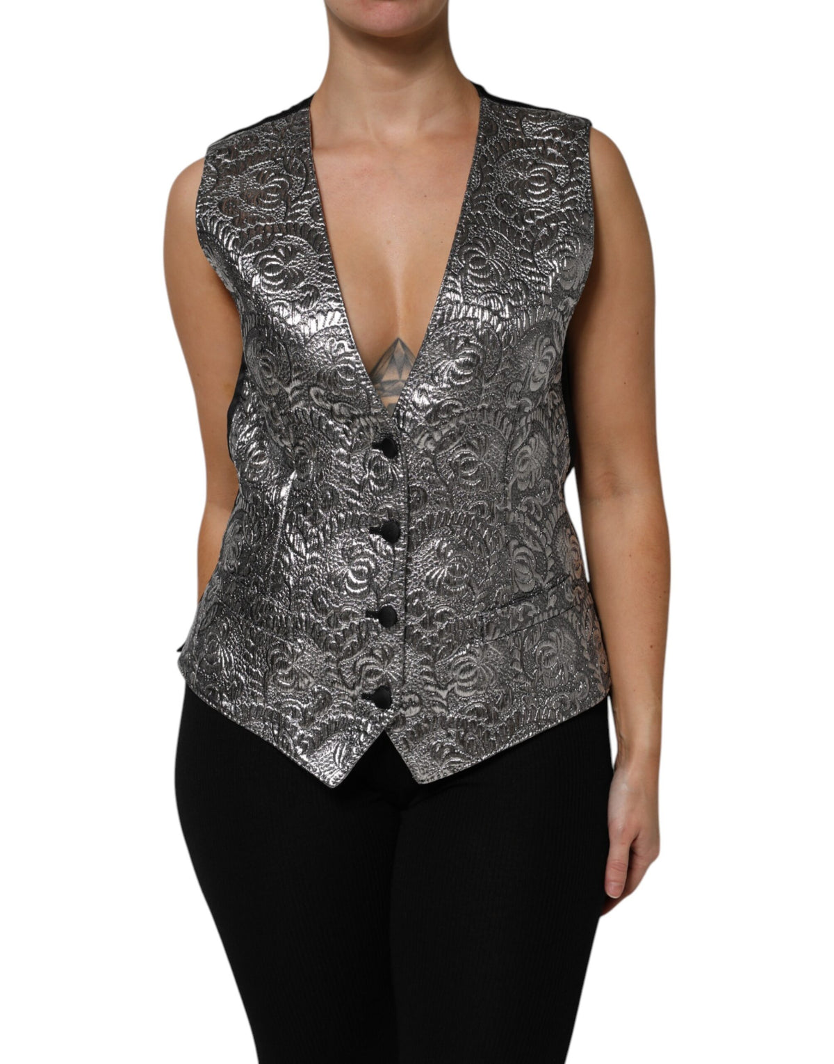 Dolce & Gabbana Silbernes ärmelloses Jacquard-Westenoberteil mit Blumenmuster