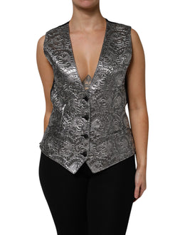 Dolce & Gabbana Silbernes ärmelloses Jacquard-Westenoberteil mit Blumenmuster