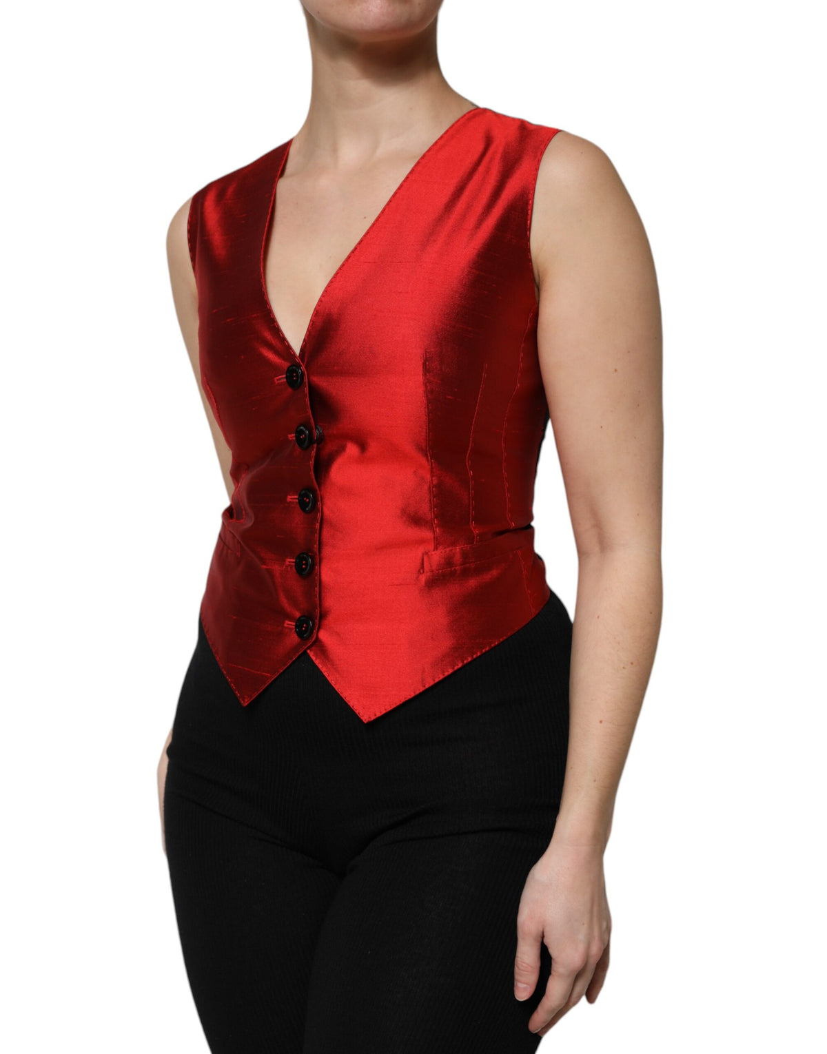 Dolce & Gabbana Rot Schwarz Button Down Ärmellose Weste Top