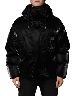 Dolce & Gabbana Schwarze Logo-Steppjacke mit Kapuze und Reißverschluss