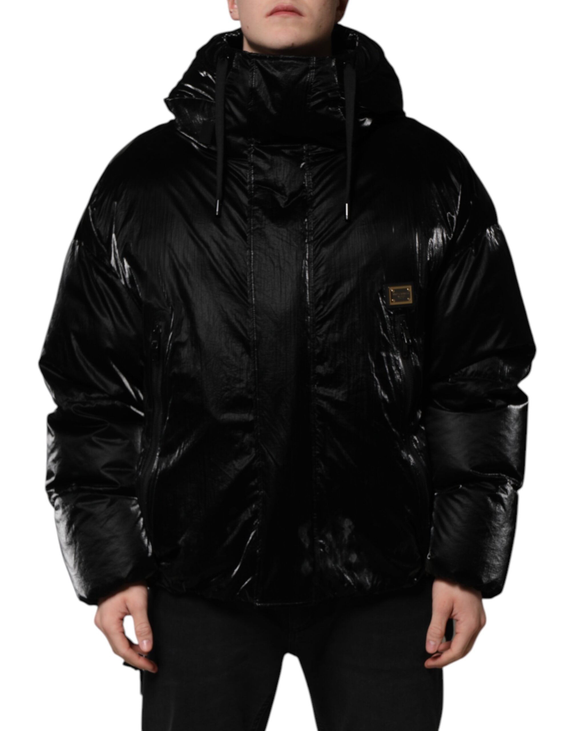 Dolce & Gabbana Schwarze Logo-Steppjacke mit Kapuze und Reißverschluss