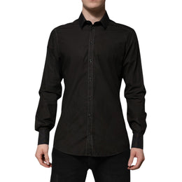 Dolce & Gabbana Schwarzes Baumwoll-Jacquard-Hemd mit GOLD-Kragen