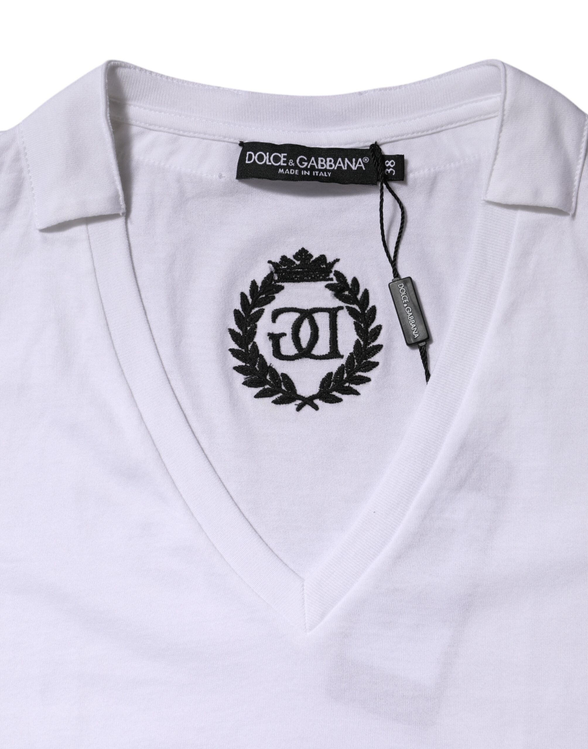 Dolce & Gabbana Weißes Baumwoll-T-Shirt mit kurzen Ärmeln und V-Ausschnitt