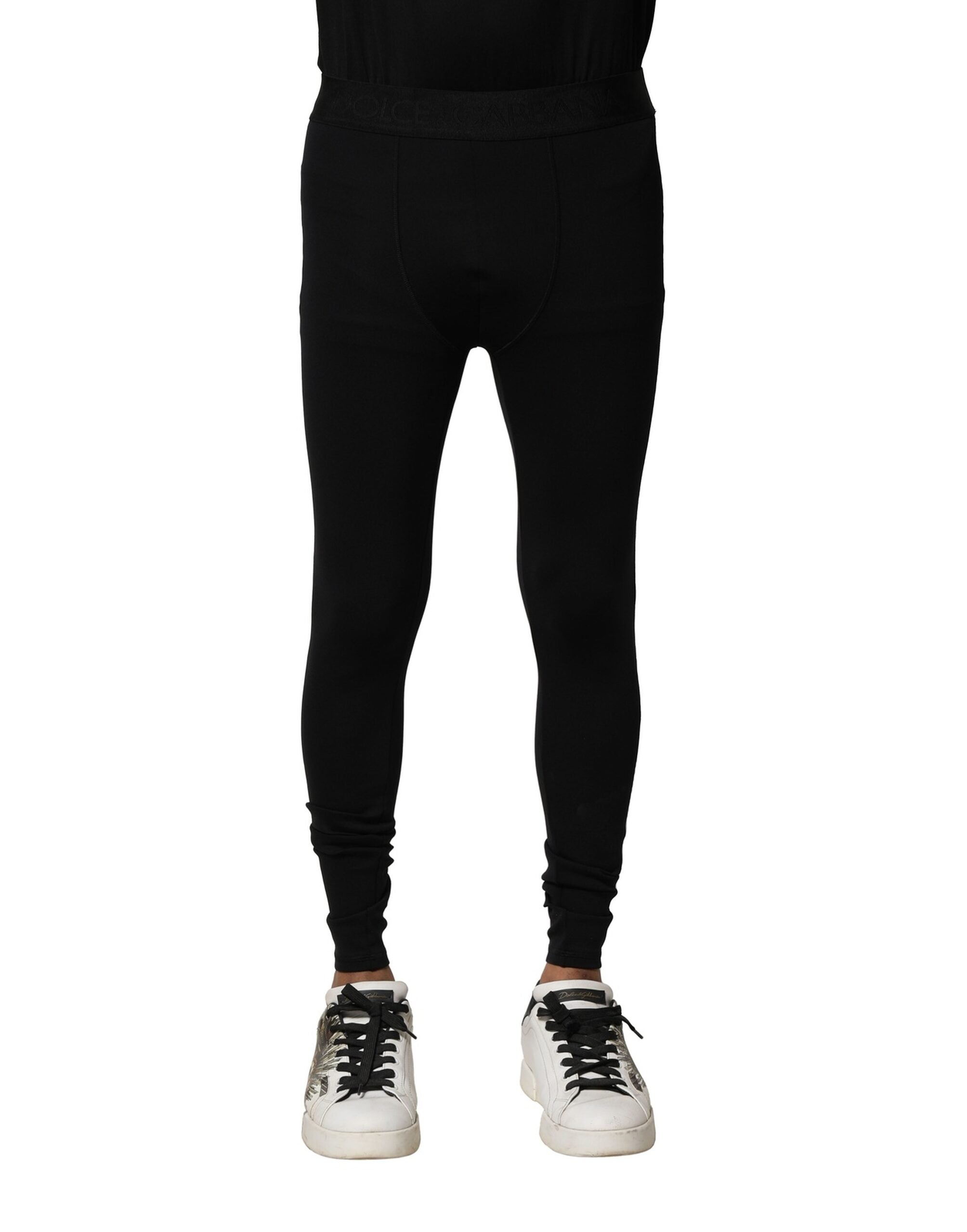 Dolce & Gabbana Schwarzes Nylon Elastische Logo Männer Leggings Hosen