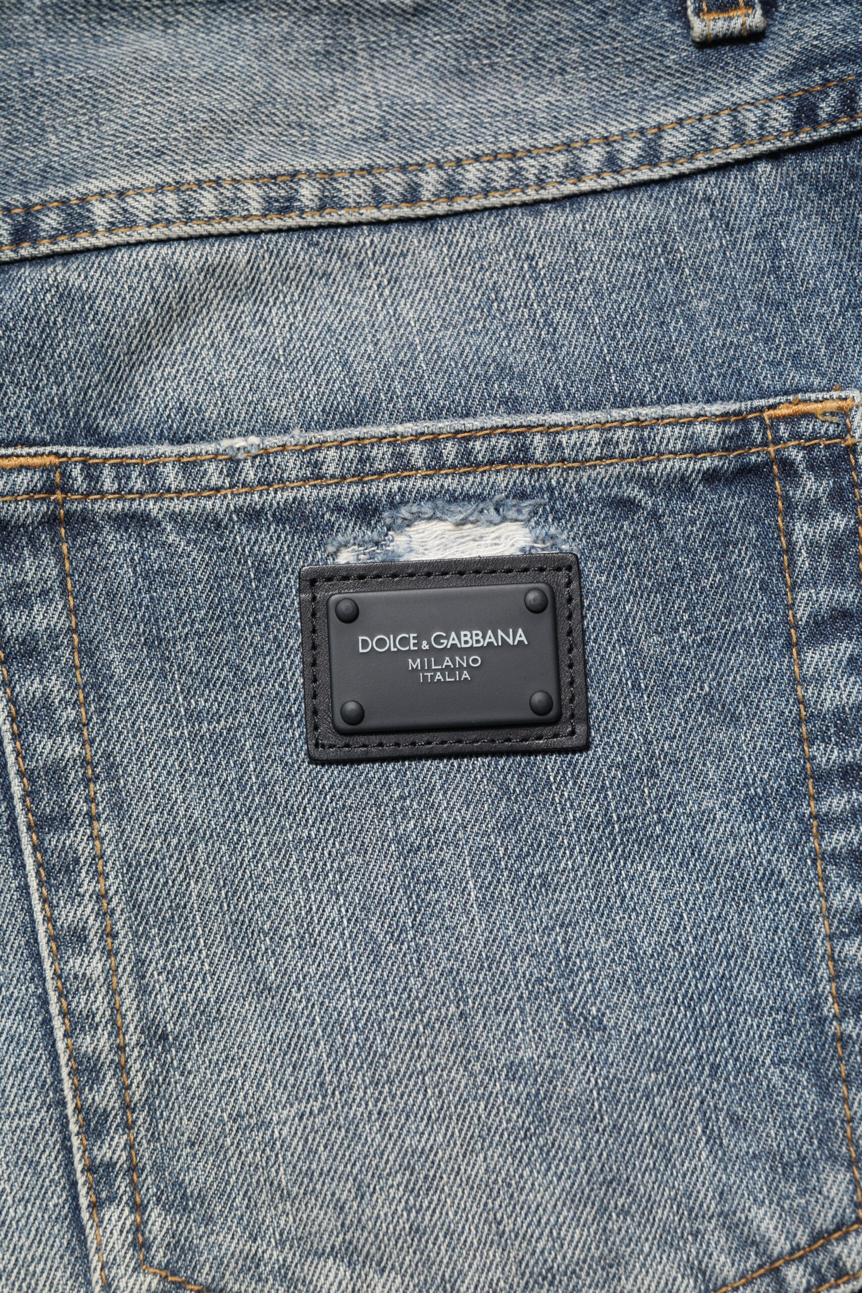 Dolce & Gabbana Blaue, verwaschene, zerfledderte Straight Fit Denim Jeans