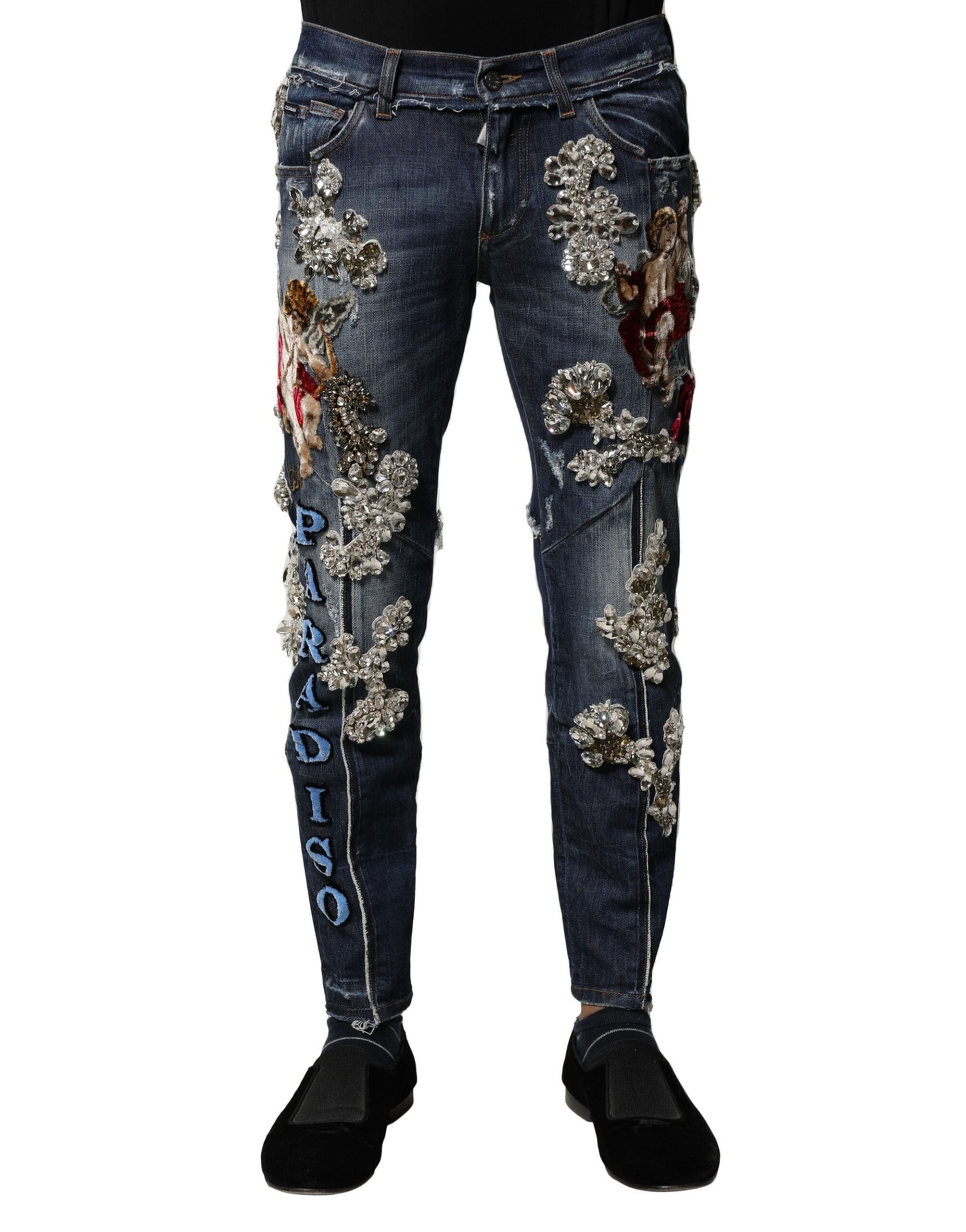 Dolce & Gabbana Blaue Baumwoll-Jeans mit Strass-Verzierungen