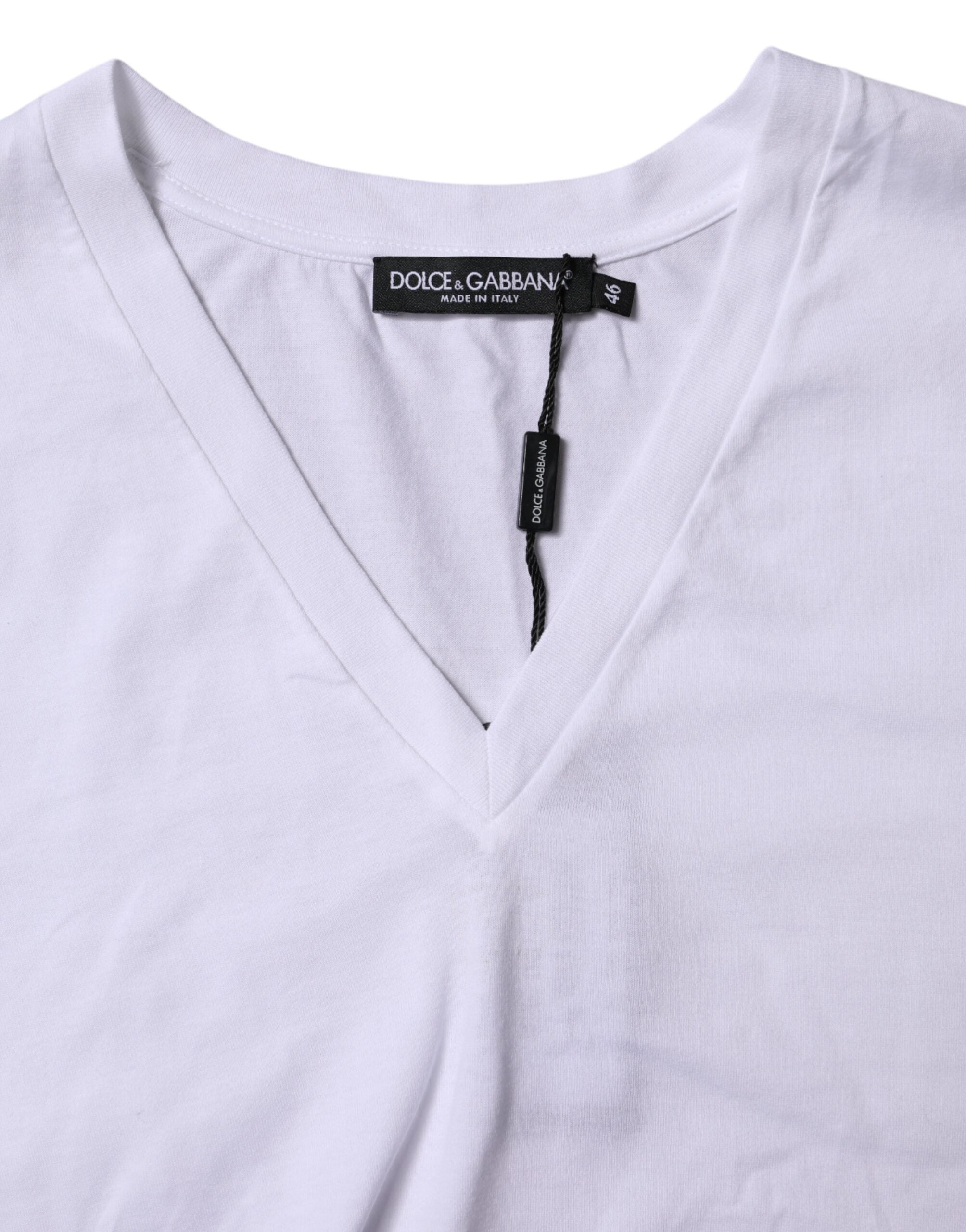 Dolce & Gabbana Weißes Baumwoll-T-Shirt mit kurzen Ärmeln und V-Ausschnitt