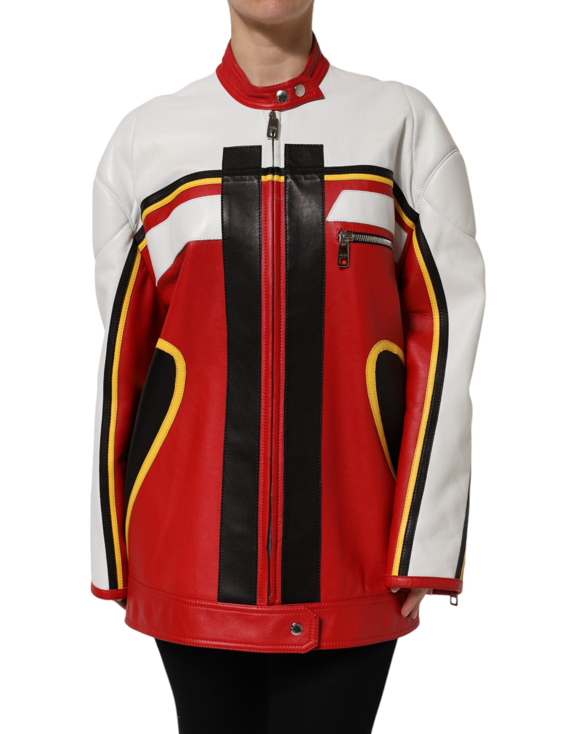 Dolce & Gabbana Multicolor Leder Biker Mantel Jacke mit Reißverschluss