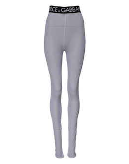 Dolce & Gabbana Graue Nylon DG Logo Mitteltaillierte Leggings Hose
