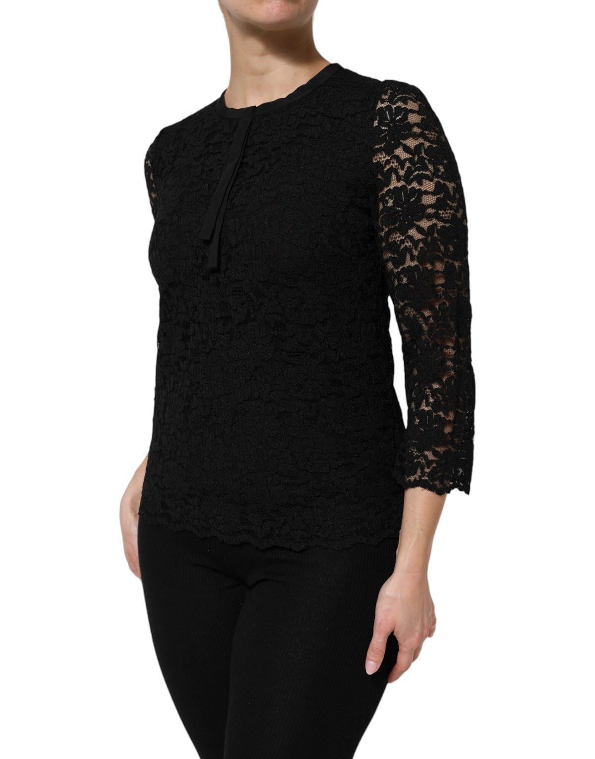 Dolce & Gabbana Schwarzes Nylon-Spitzen-Langarmblusen-Top
