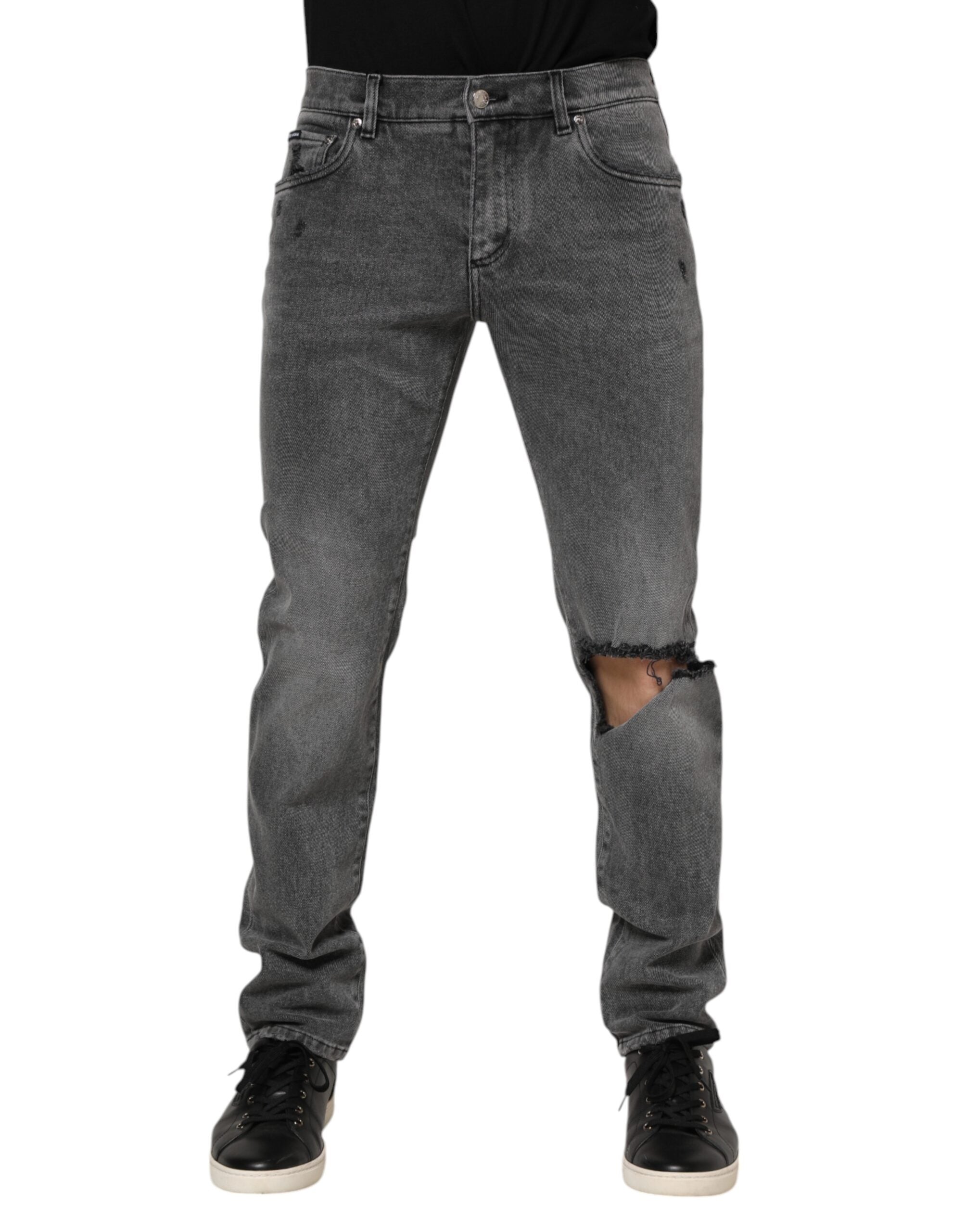 Dolce & Gabbana Graue Denim-Jeans mit Logo-Plakette aus Baumwolle