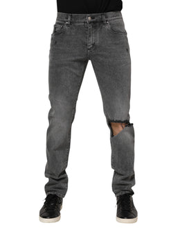 Dolce & Gabbana Graue Denim-Jeans mit Logo-Plakette aus Baumwolle