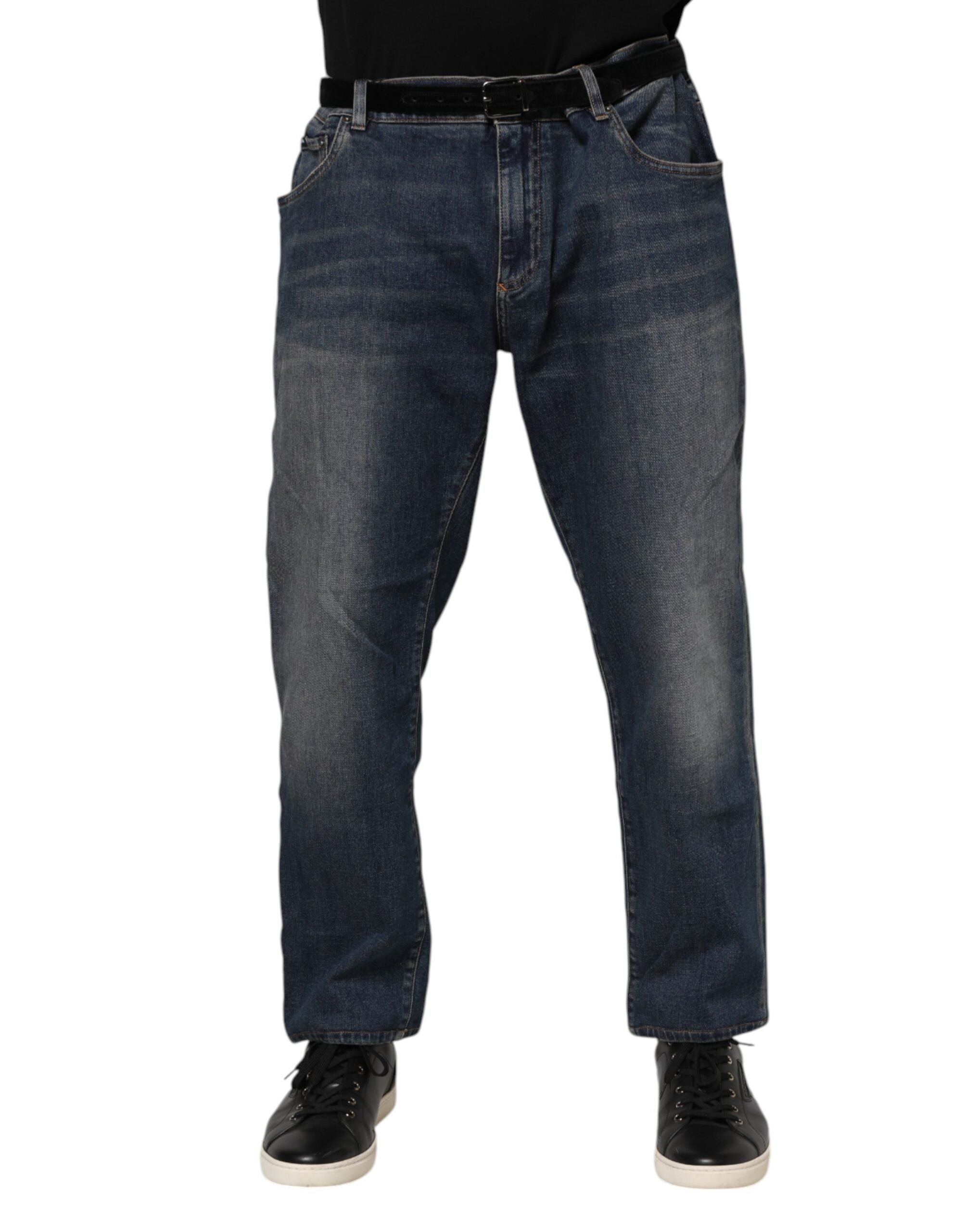 Dolce & Gabbana Blaue Baumwolle Logo Plaque Slim Denim Jeans
