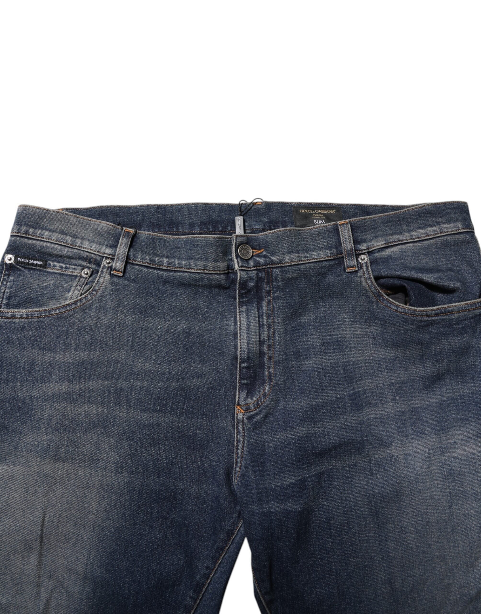 Dolce & Gabbana Blaue Baumwolle Logo Plaque Slim Denim Jeans