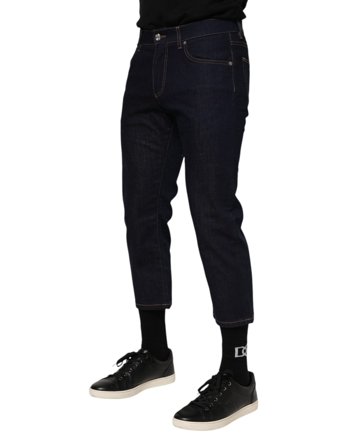 Dolce & Gabbana Dunkelblaue Baumwolle Logo Slim Fit Herren Denim Jeans