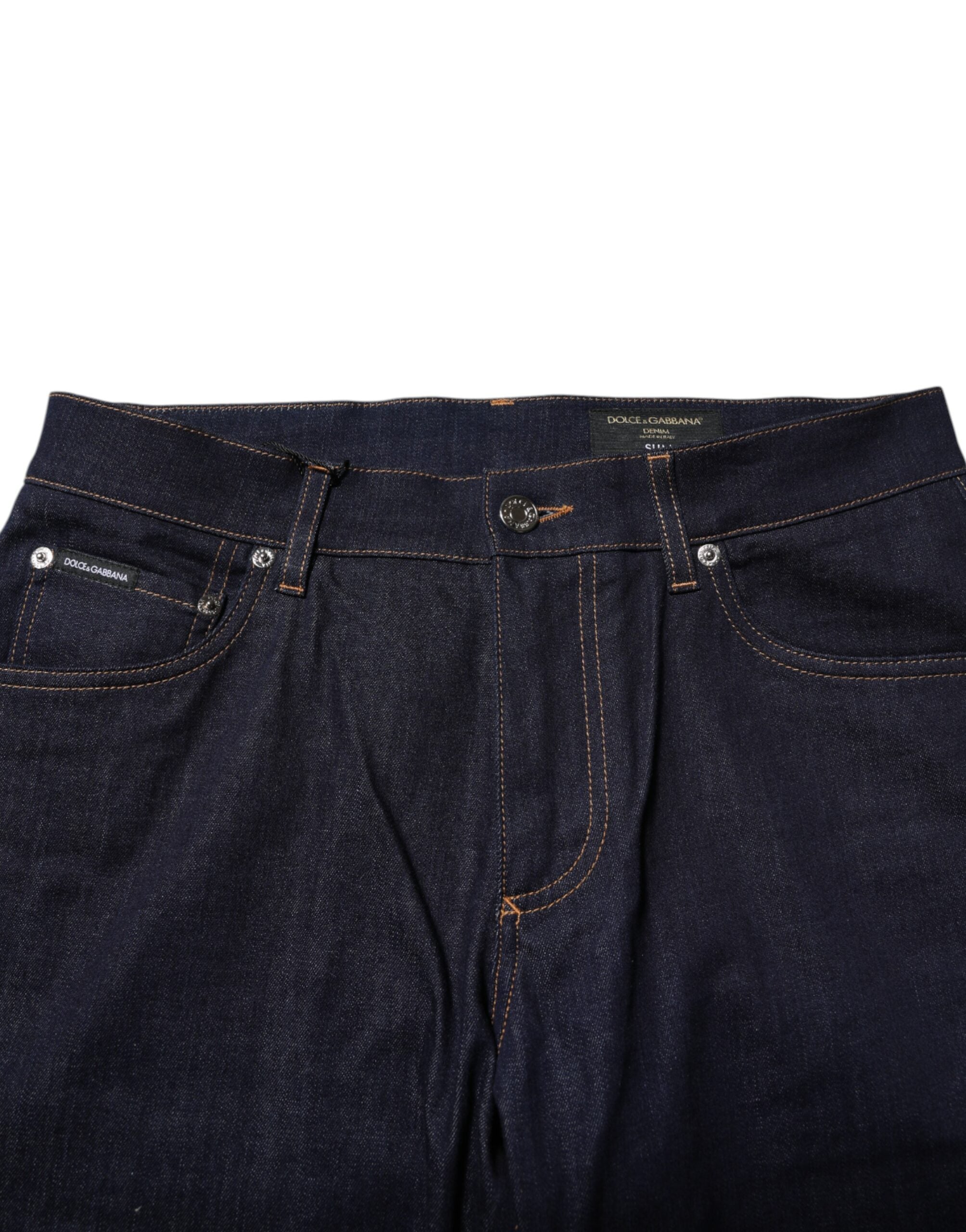 Dolce & Gabbana Dunkelblaue Baumwolle Logo Slim Fit Herren Denim Jeans