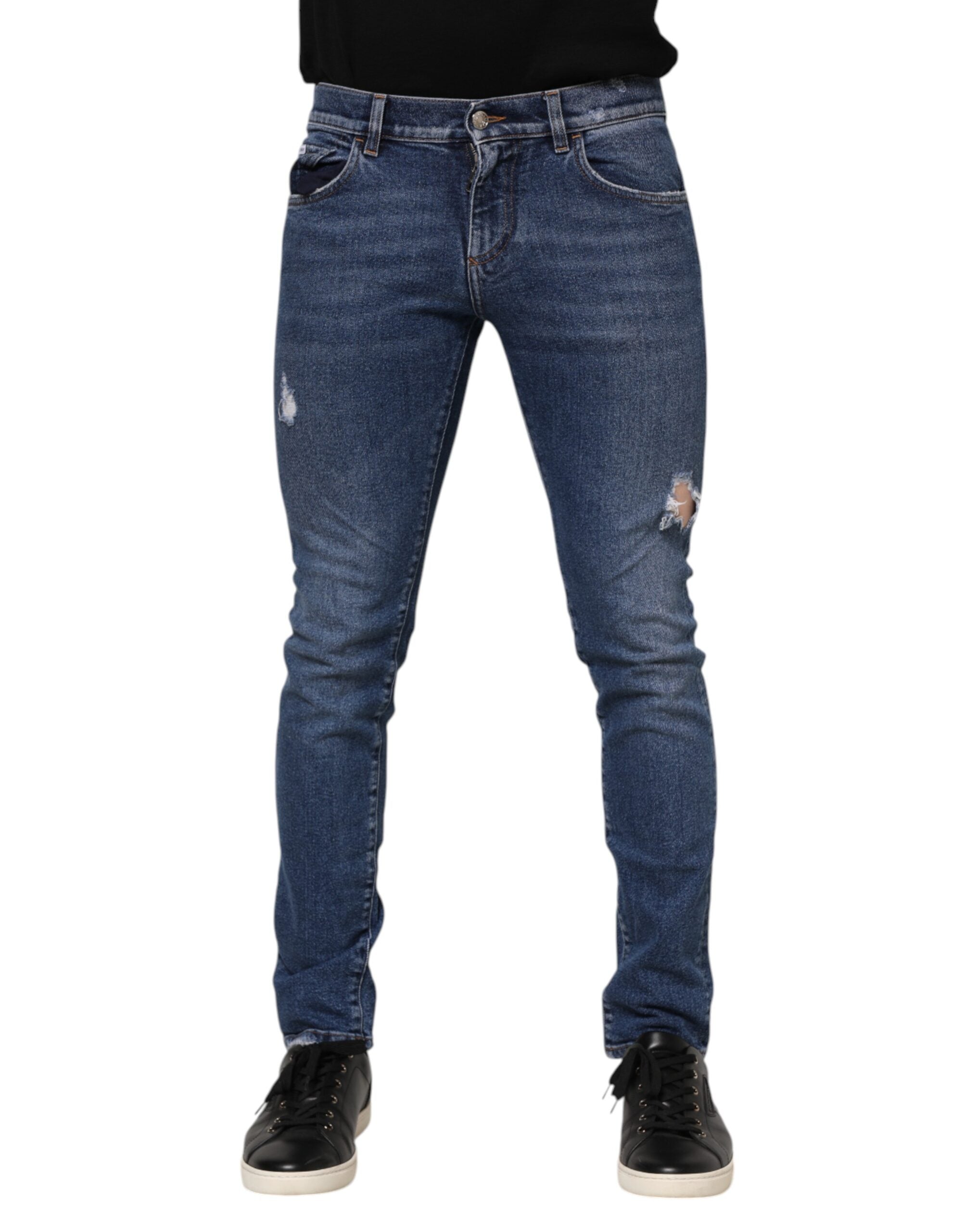 Dolce & Gabbana Blaue Baumwolle Logo Plaque Skinny Männer Denim Jeans