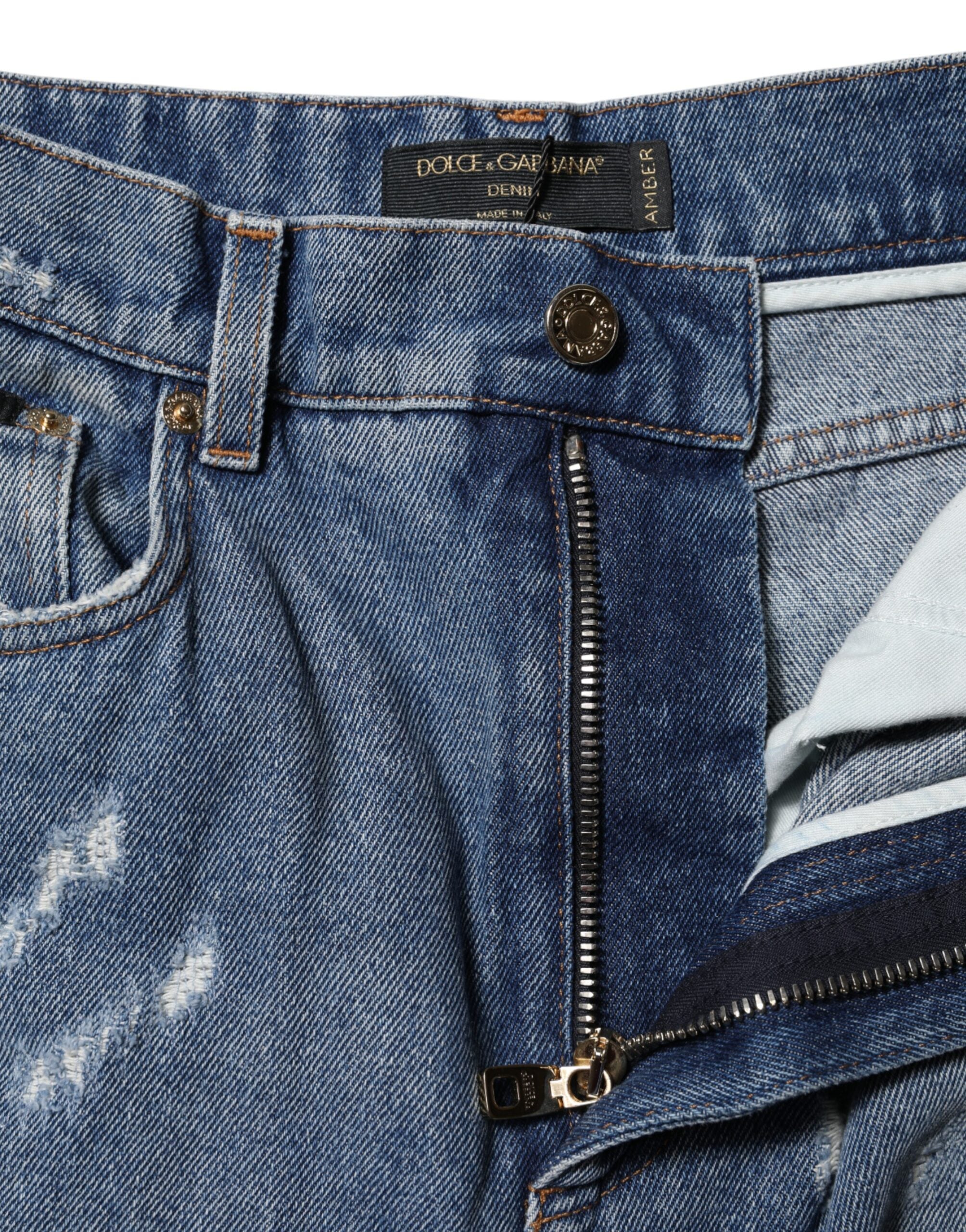 Dolce & Gabbana Blaue zerrissene Denim-Jeans mit hoher Taille aus Baumwolle