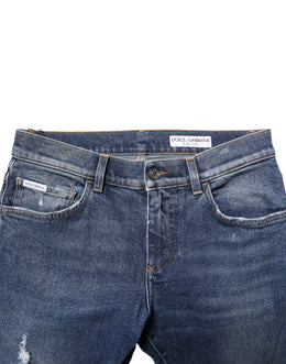 Dolce & Gabbana Blaue gewaschene Skinny Denim-Jeans aus zerrissener Baumwolle