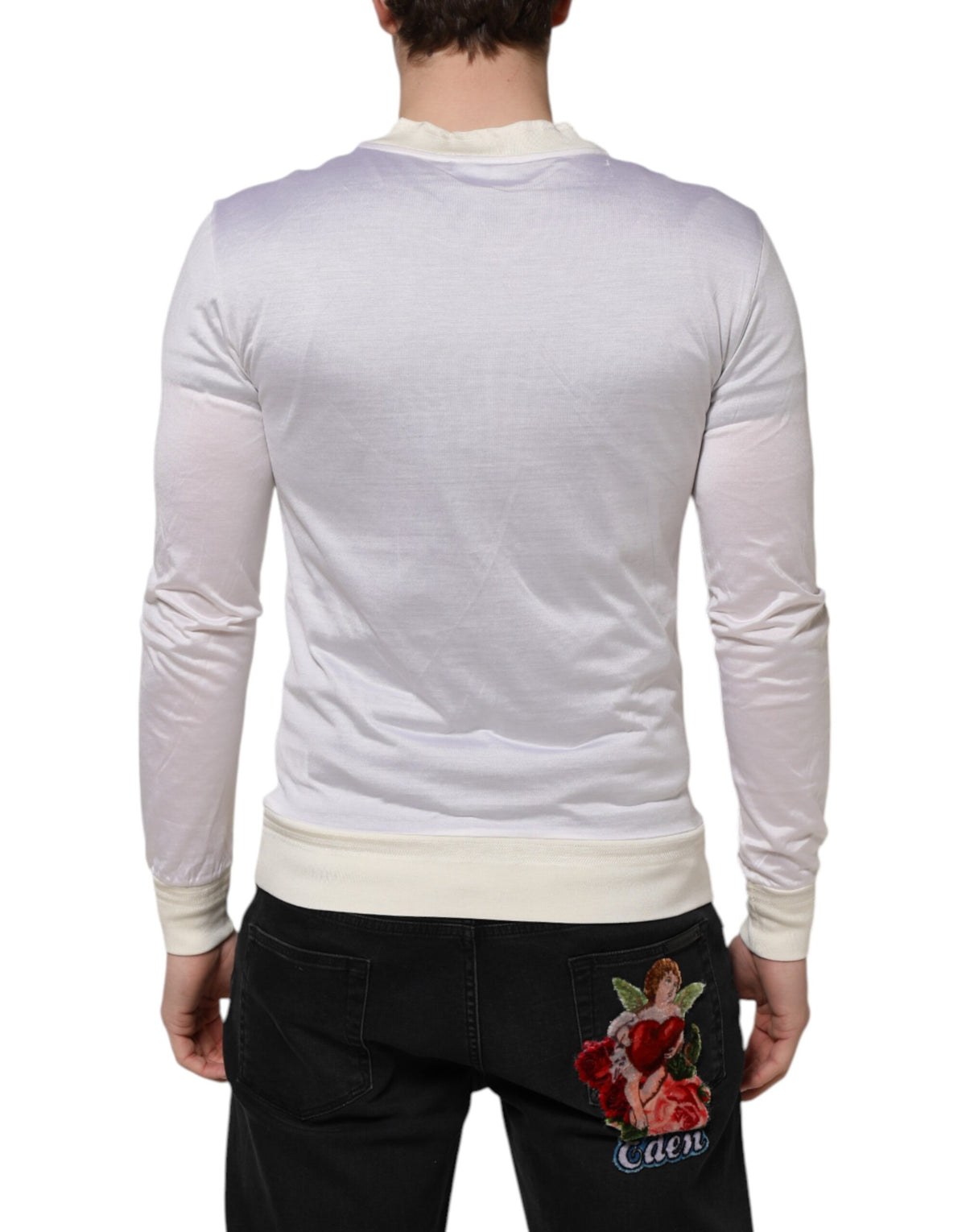 Dolce & Gabbana Weißes Seiden-T-Shirt mit Rundhalsausschnitt und langen Ärmeln