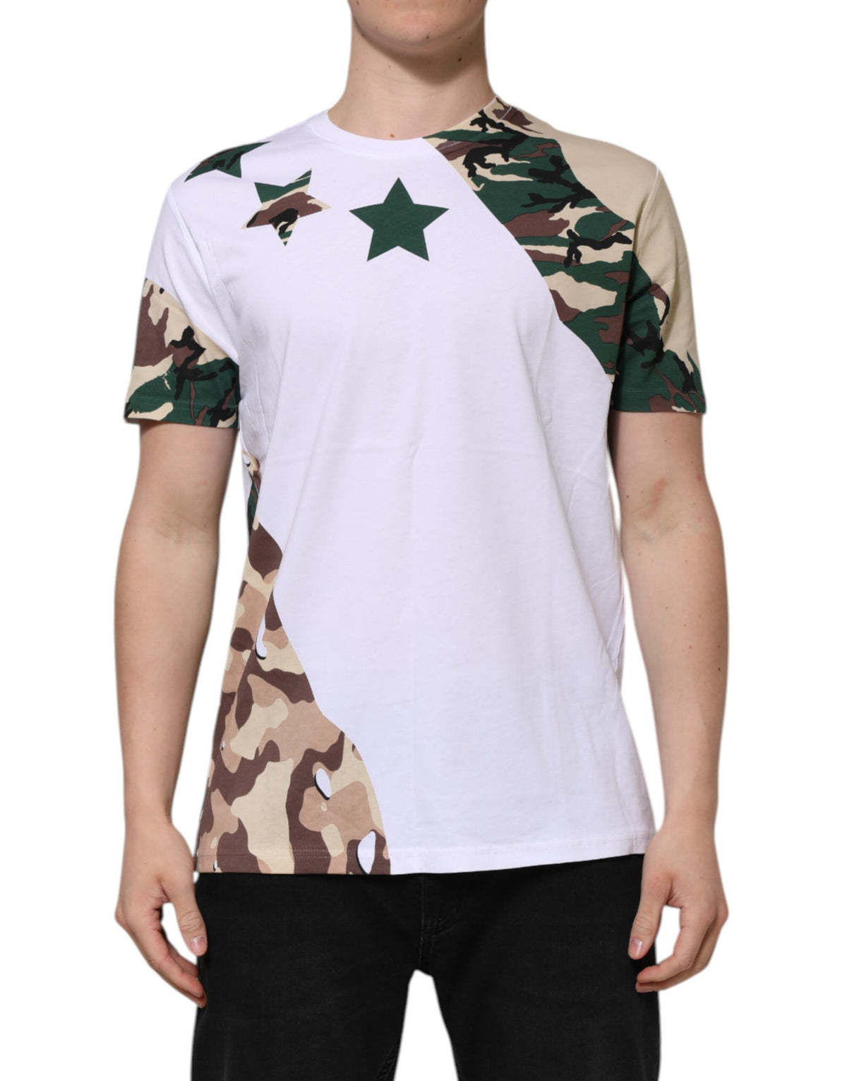 Dolce & Gabbana Weißes Camouflage-Baumwoll-T-Shirt mit Rundhalsausschnitt für Männer
