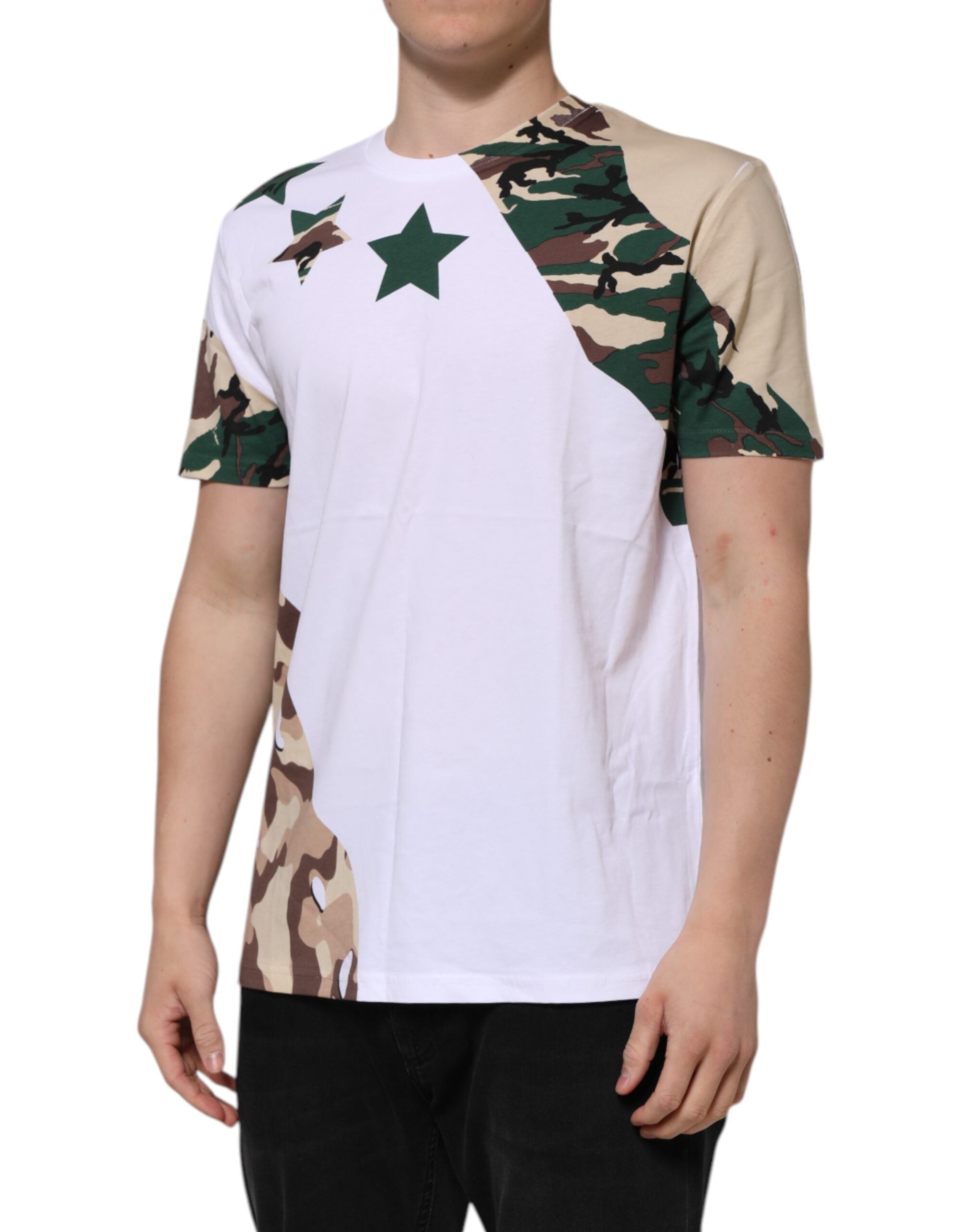Dolce & Gabbana Weißes Camouflage-Baumwoll-T-Shirt mit Rundhalsausschnitt für Männer