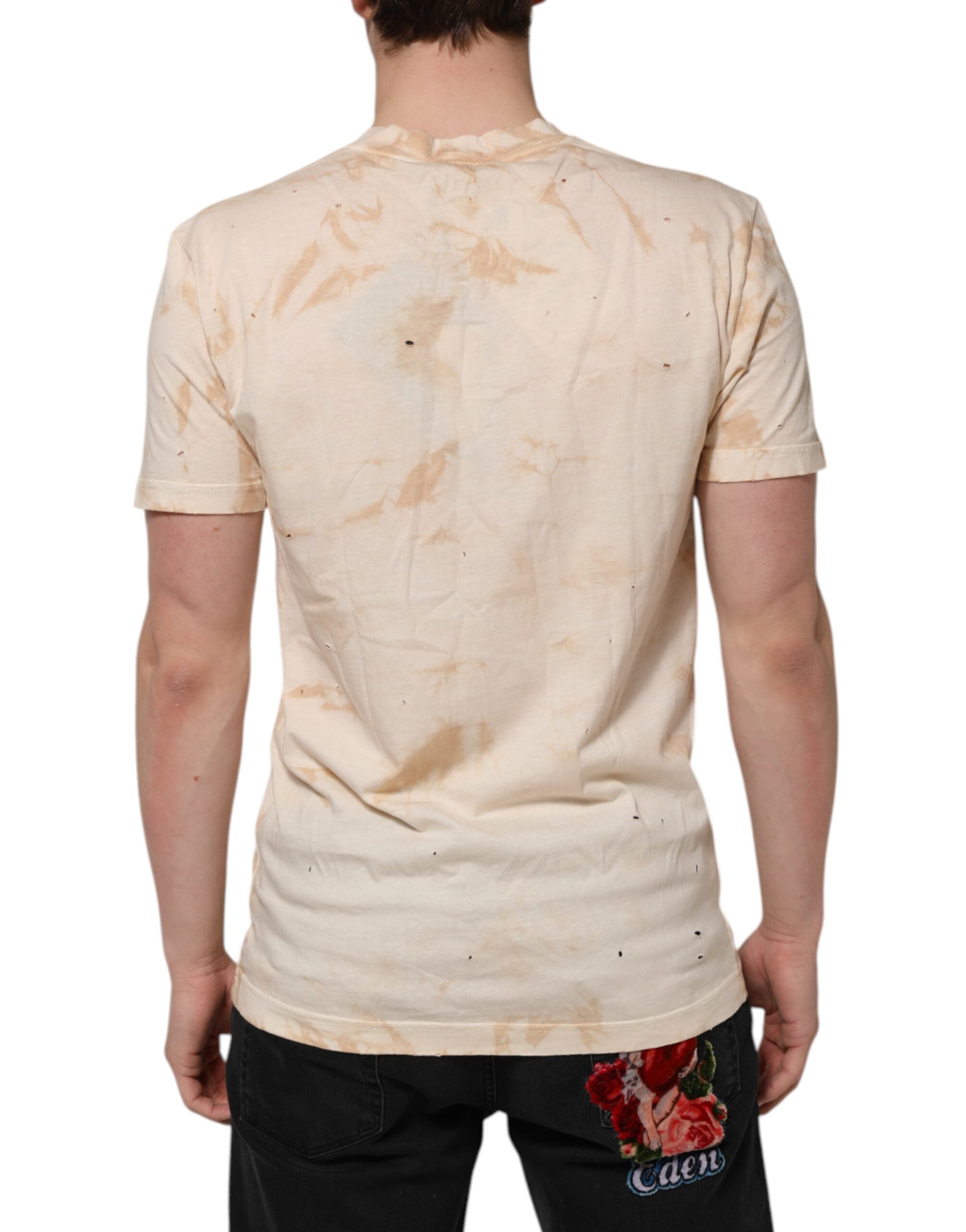 Dolce & Gabbana Beige Logo-Druck Kurzarm-T-Shirt mit V-Ausschnitt
