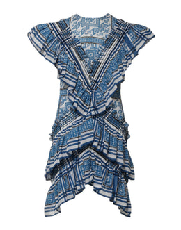 Philosophy di Lorenzo Serafini Blau gemustertes mehrlagiges Minikleid mit kurzen Ärmeln