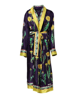 Dolce & Gabbana Blauer Seidenmantel mit Blumenmuster und langen Ärmeln zum Wickeln